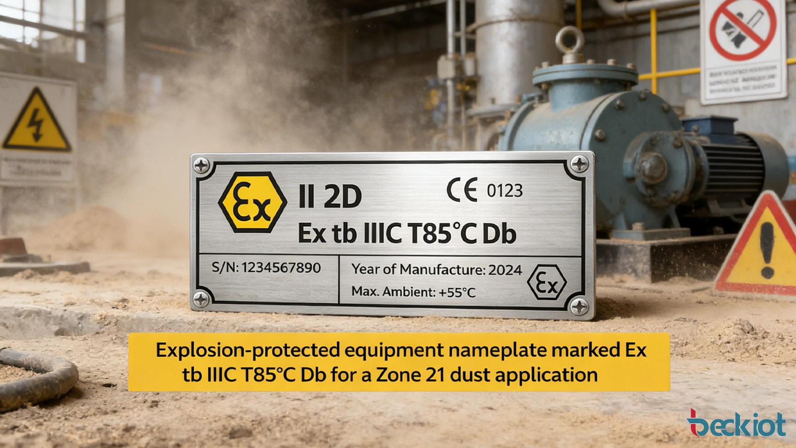 Ilustración de una placa de identificación de equipo protegido contra explosiones marcado Ex tb IIIC T85°C Db para una aplicación de polvo Zona 21.