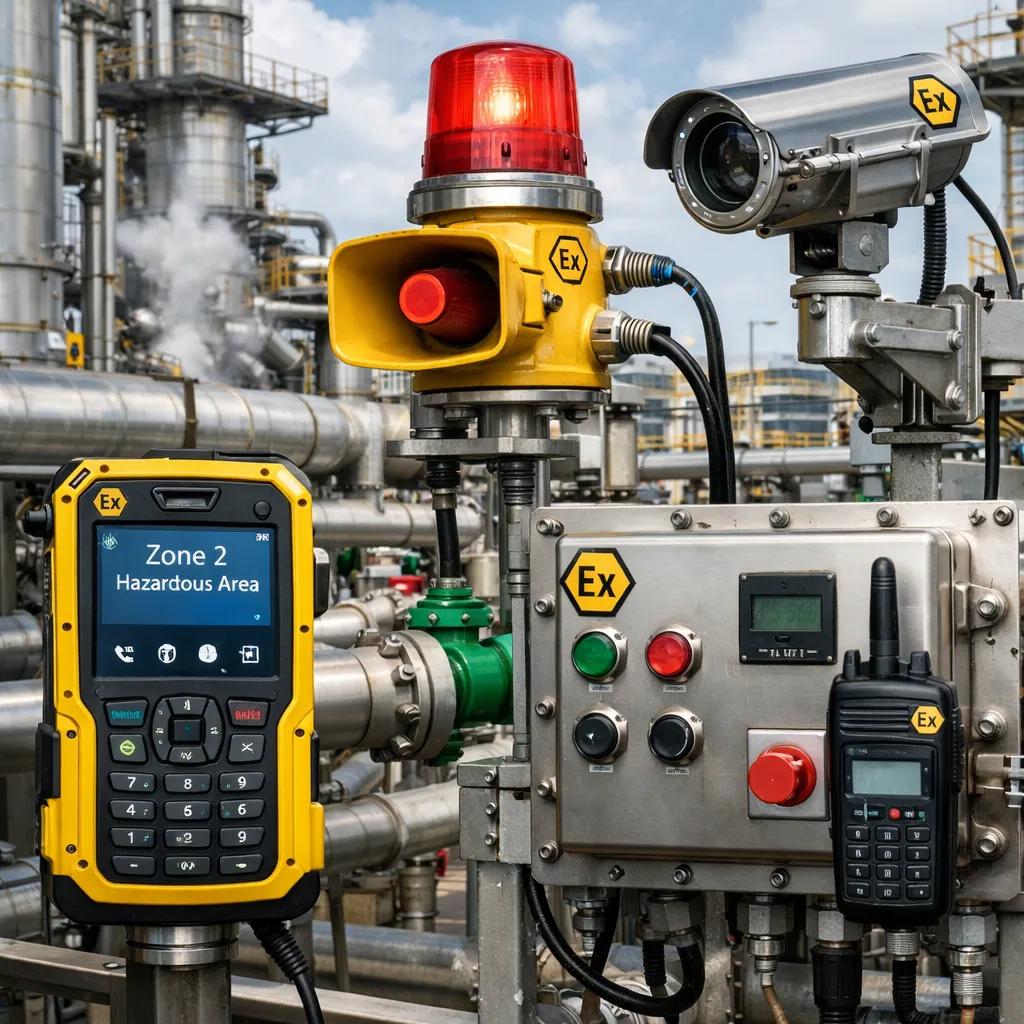 Equipos de comunicación y eléctricos para áreas peligrosas desplegados en un entorno de procesamiento de petróleo, gas o químico en Zona 2 con exposición exterior y tuberías de proceso