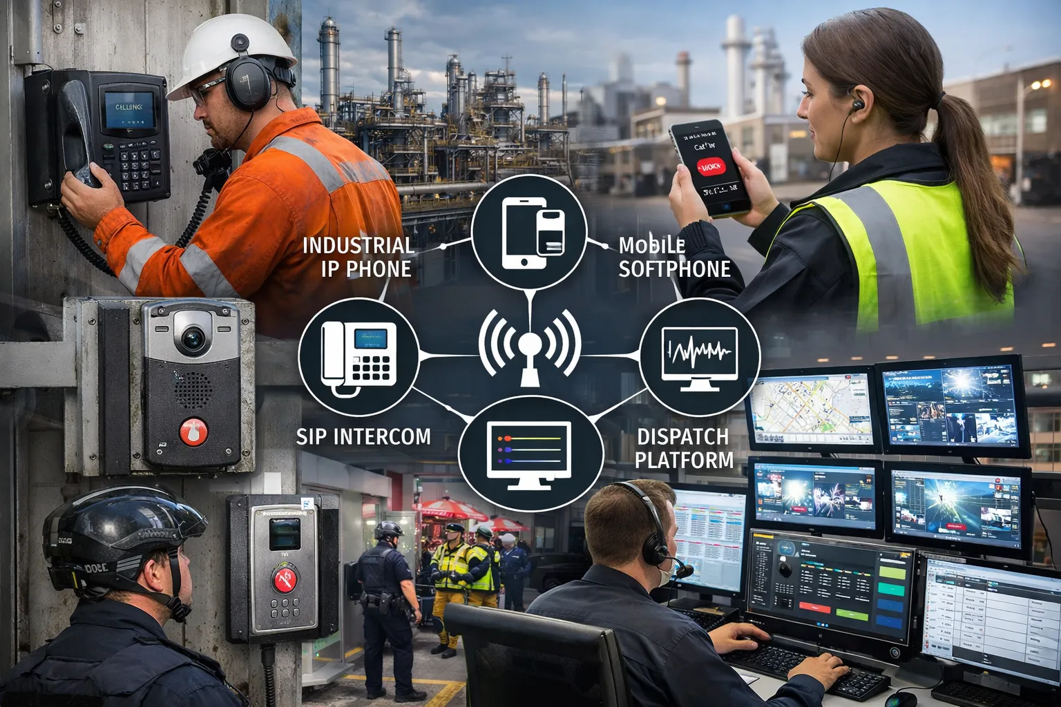 Comunicación de campo de misión crítica con teléfonos IP industriales, softphones móviles, terminales de intercomunicación SIP e integración de plataforma de despacho en operaciones industriales y públicas