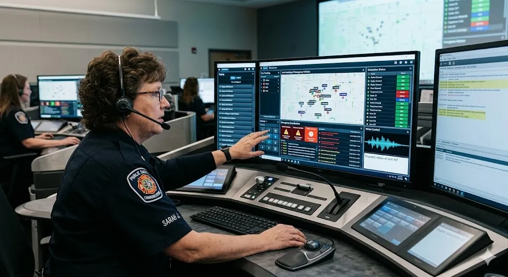 Consola de despacho multifuncional con estado de extensiones en tiempo real, control de voz, megafonía e interfaz de coordinación de emergencias para comunicación de misión crítica