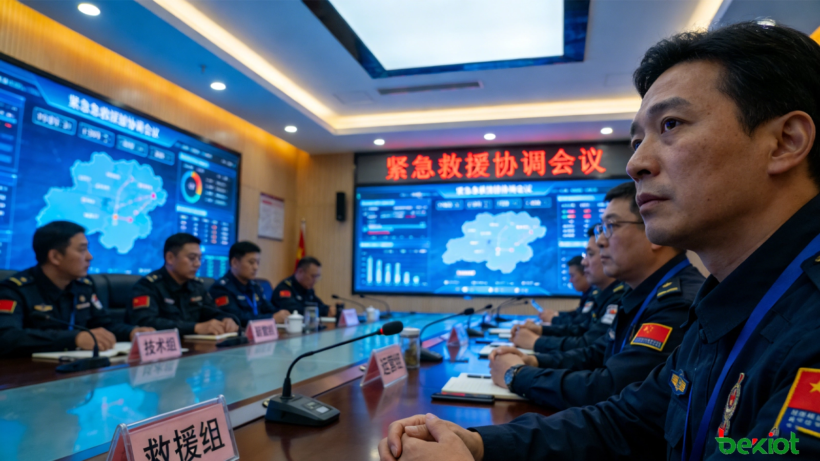 Centro de mando de mina de carbón subterránea con mapas mineros, seguimiento de personal, estado atmosférico y funciones de conferencia de emergencia