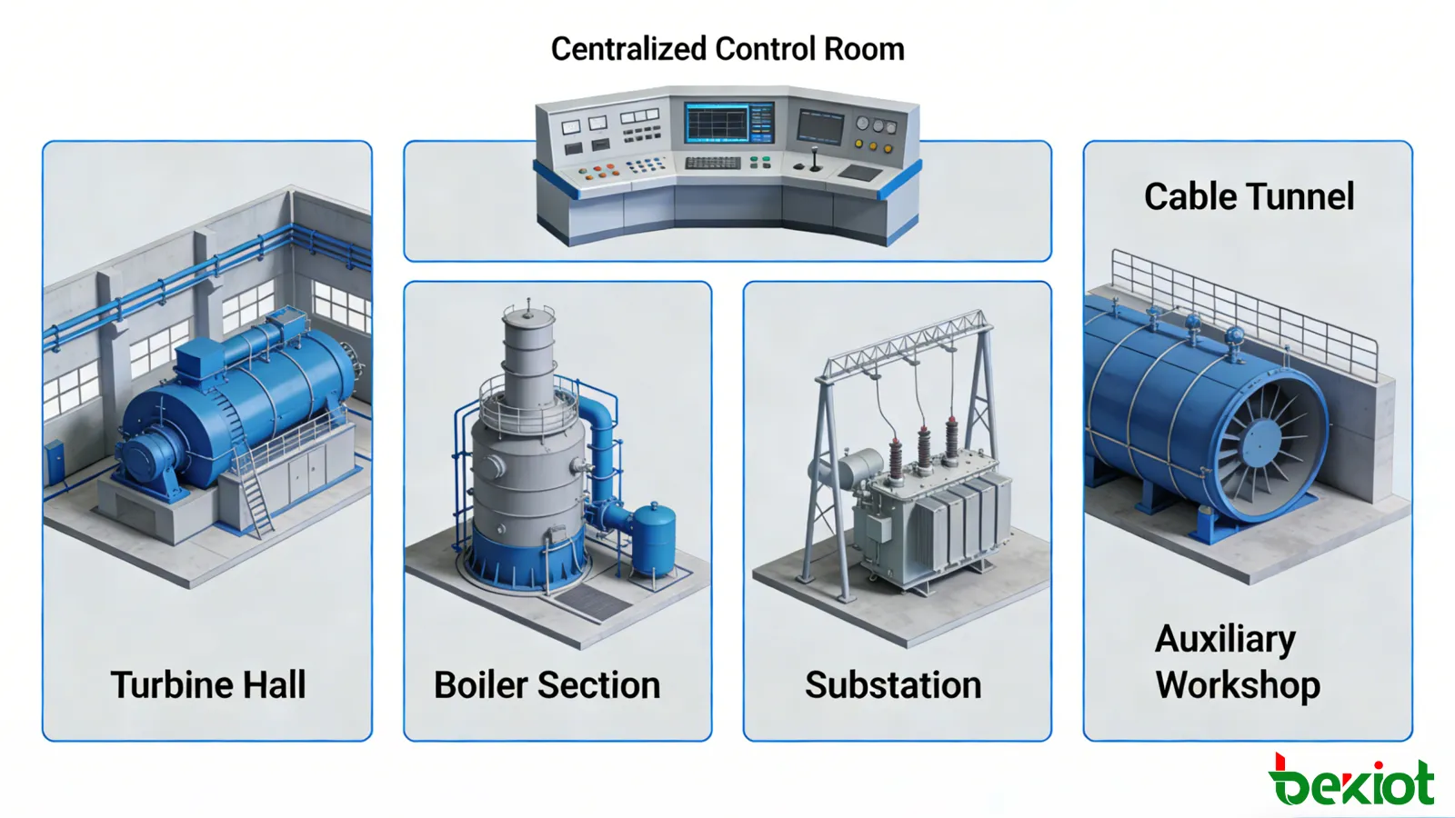 Localización por zonas en central eléctrica a través de sala de turbinas, sección de calderas, subestación, túnel de cables y taller auxiliar con operación de sala de control centralizada