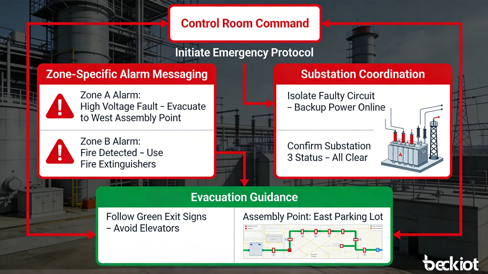 Respuesta de transmisión de emergencia en central eléctrica con comando de sala de control, mensajería de alarma específica por zona, coordinación de subestación y guía de evacuación