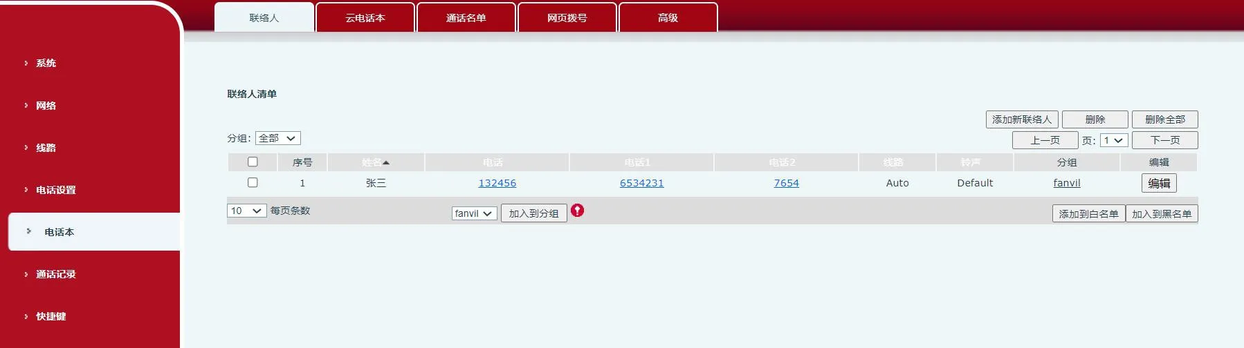Configuración de nuevo contacto en la página de administración del teléfono