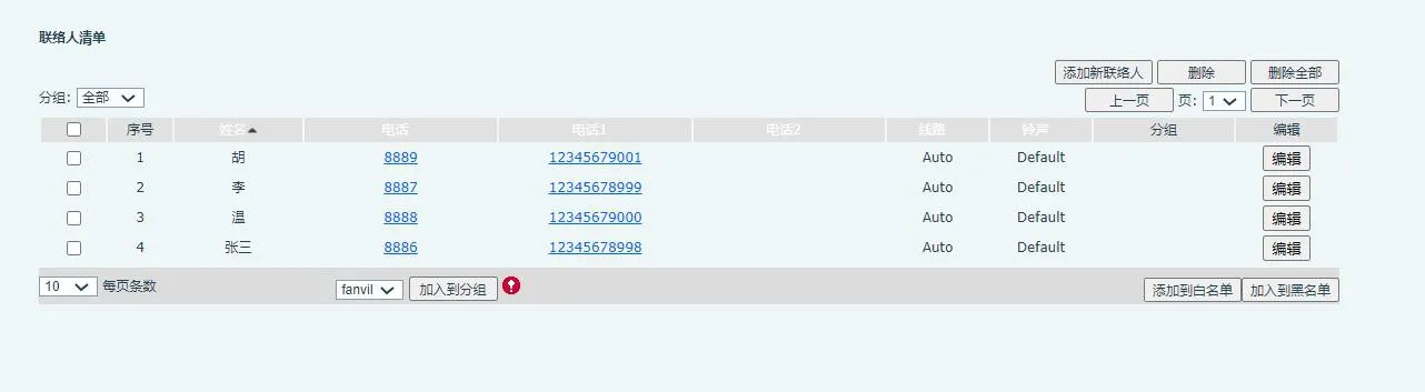 Lista de contactos importada mostrada en la interfaz web del teléfono