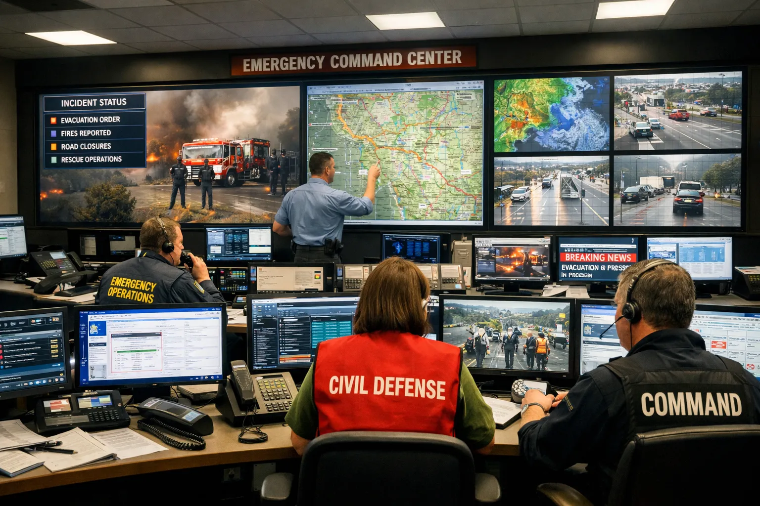 Centro de mando de emergencia gubernamental con consolas de despacho, pantallas de comunicación y operaciones coordinadas de defensa civil