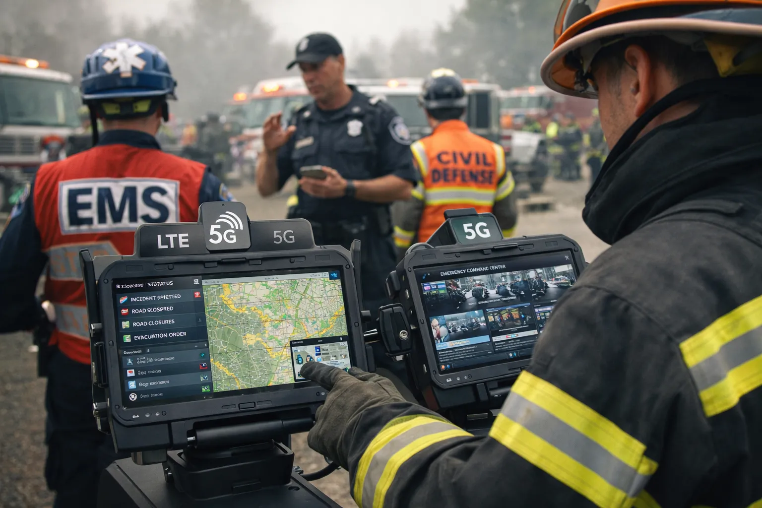 Equipos de respuesta de emergencia de campo utilizando terminales de comunicación conectadas a LTE y 5G con soporte de coordinación de mando