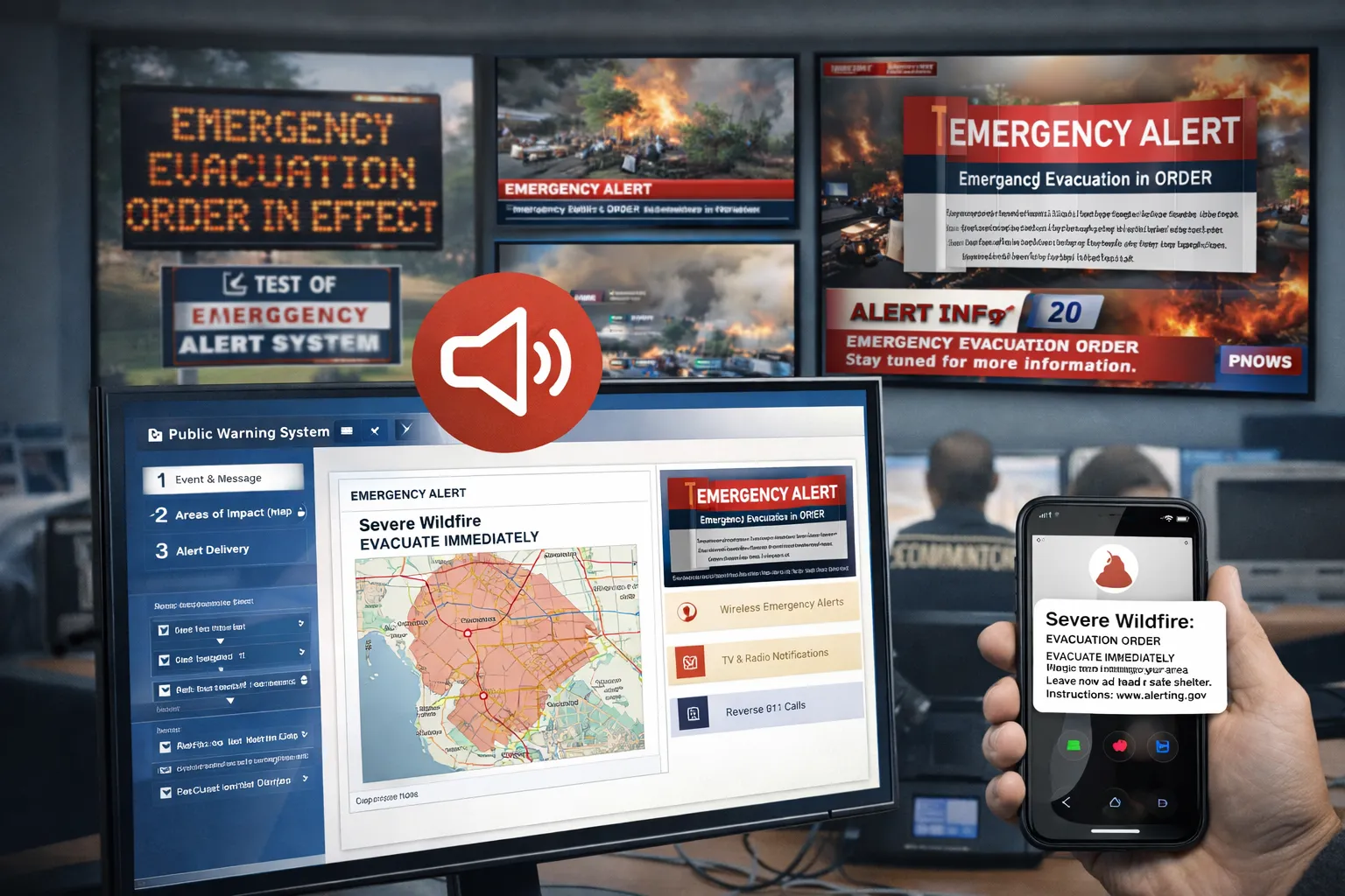 Sistema de advertencia pública con difusión de emergencia, flujo de trabajo de alineación con IPAWS y notificación ciudadana Reverse 911