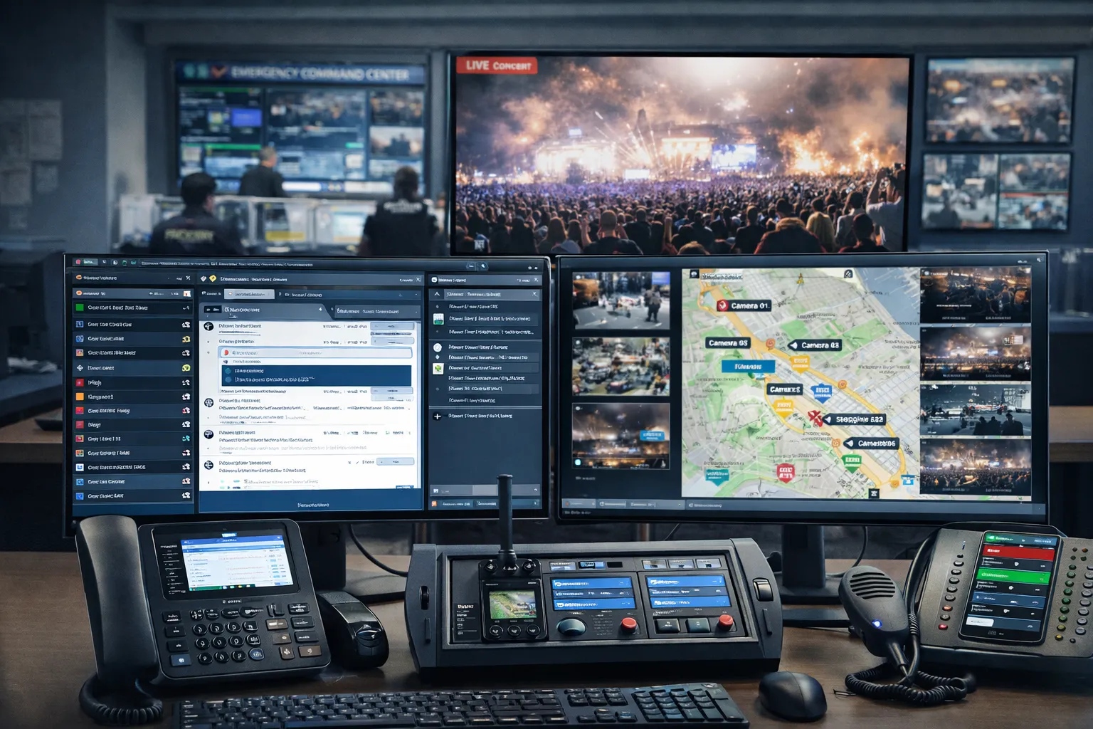 Plataforma integrada de comunicaciones de emergencia para un centro de mando de grandes eventos con consola de despacho, teléfonos, integración de radio y coordinación por vídeo