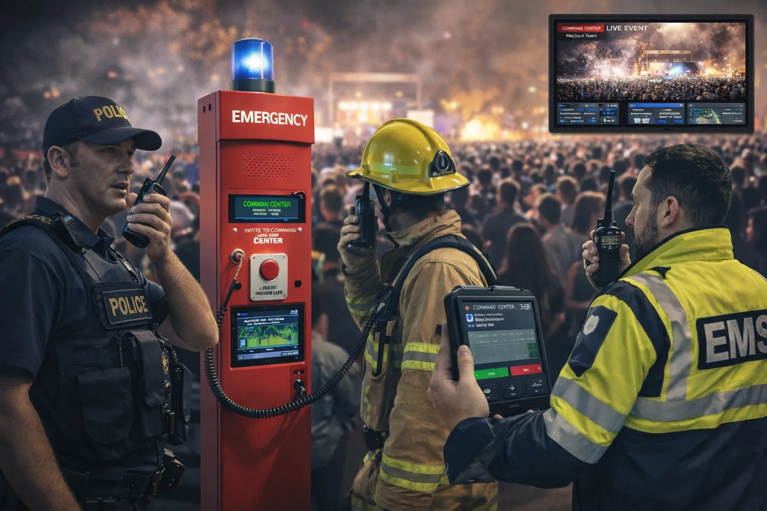 Equipos de operaciones de campo en un evento importante utilizando radios portátiles, estaciones de llamada de emergencia y dispositivos de comunicación unificados vinculados al centro de mando