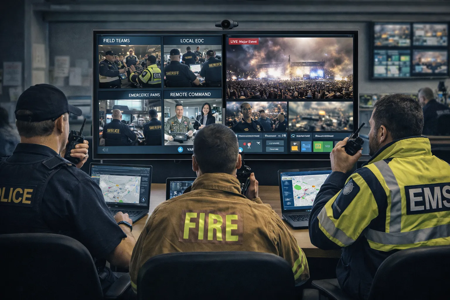 Equipo de mando de emergencia de un evento importante utilizando un sistema de videoconferencia para la coordinación en tiempo real con unidades de operación remotas y sobre el terreno
