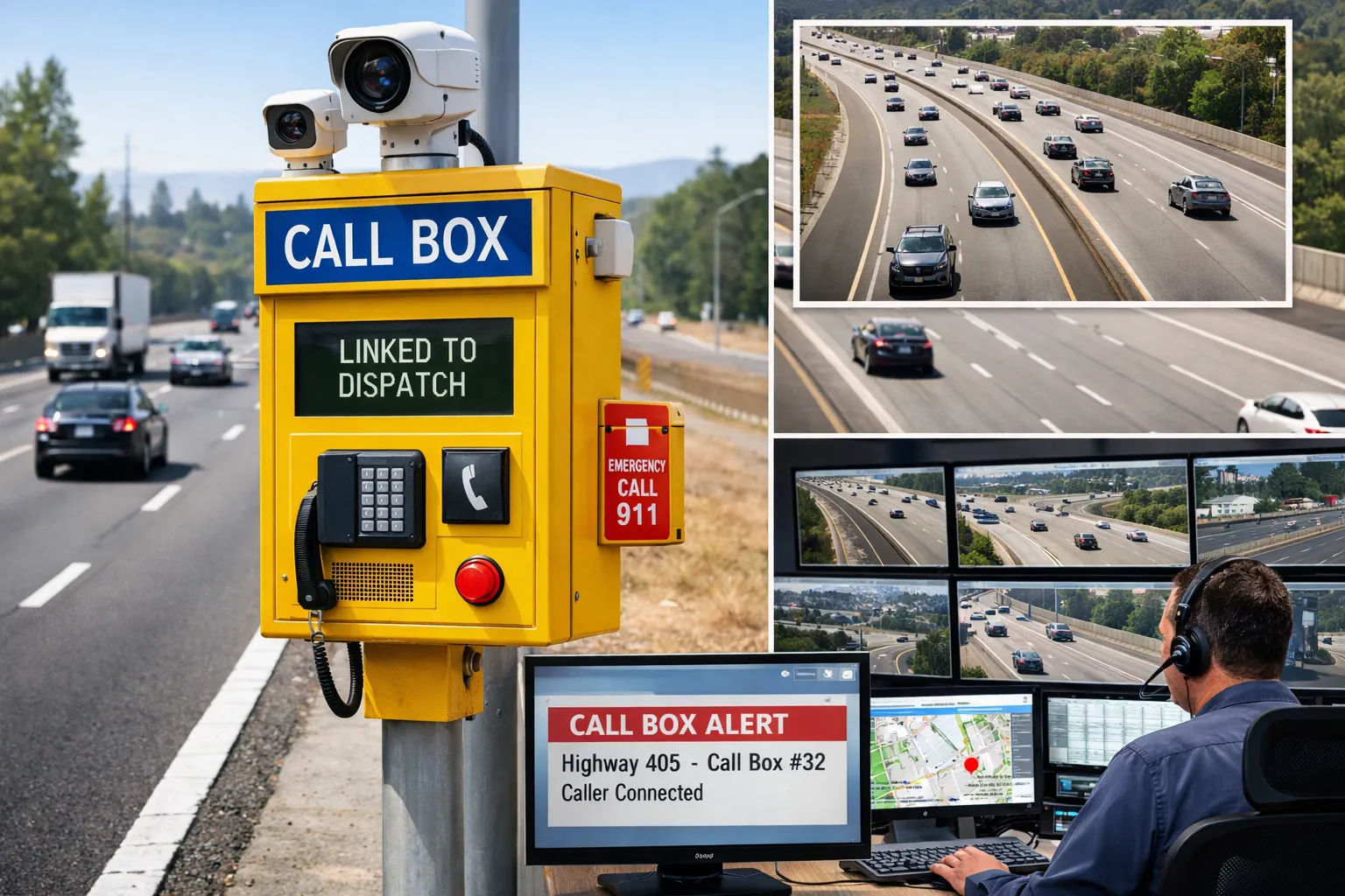 Sistema moderno de casetas de emergencia con integración de cámaras CCTV y centros de despacho