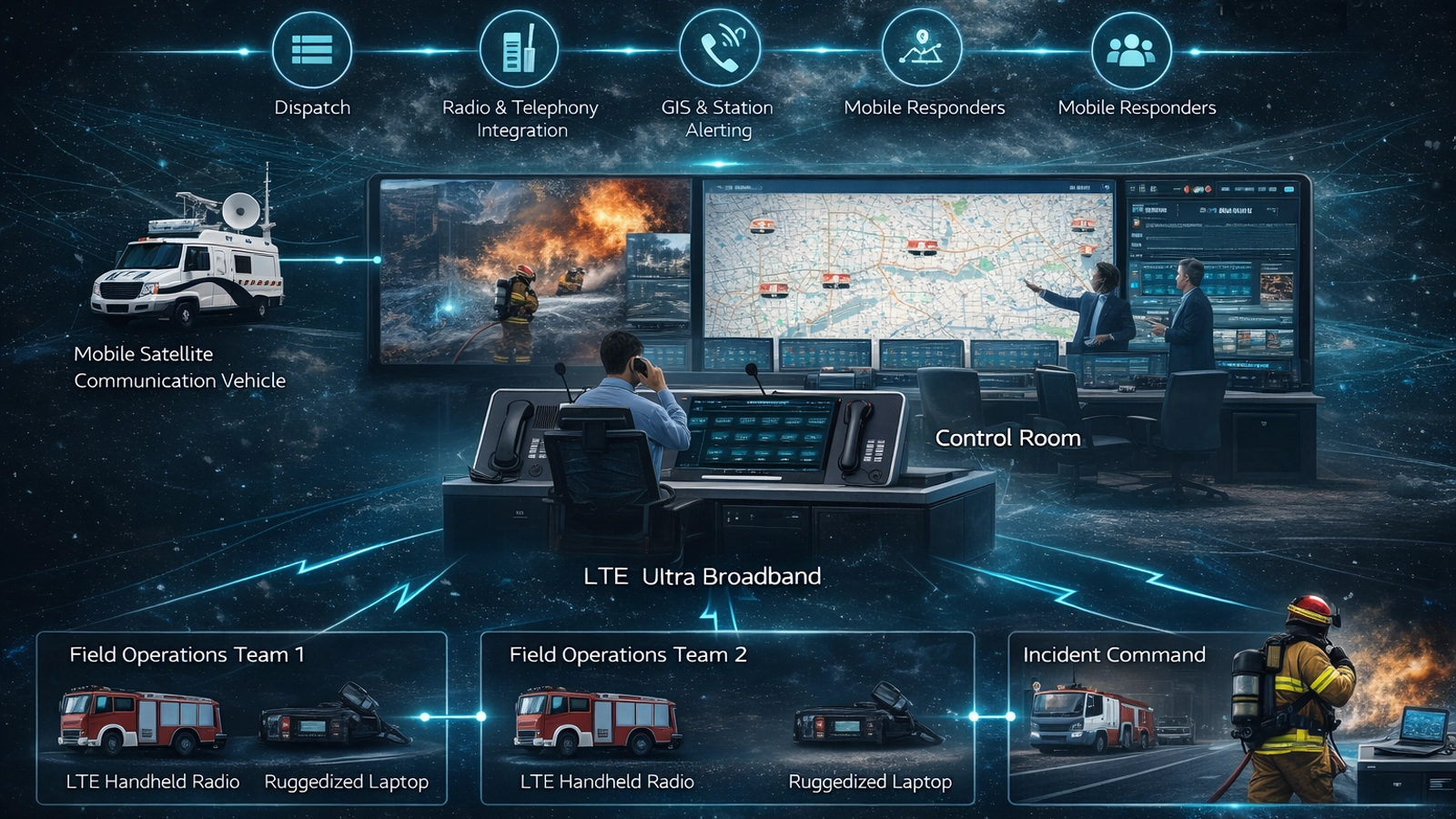Arquitectura del sistema de mando y control de bomberos y rescate de Becke Telcom que muestra puestos de sala de control, integración de radio y telefonía, SIG, alertas de estaciones, respondedores móviles y apoyo al mando de incidentes