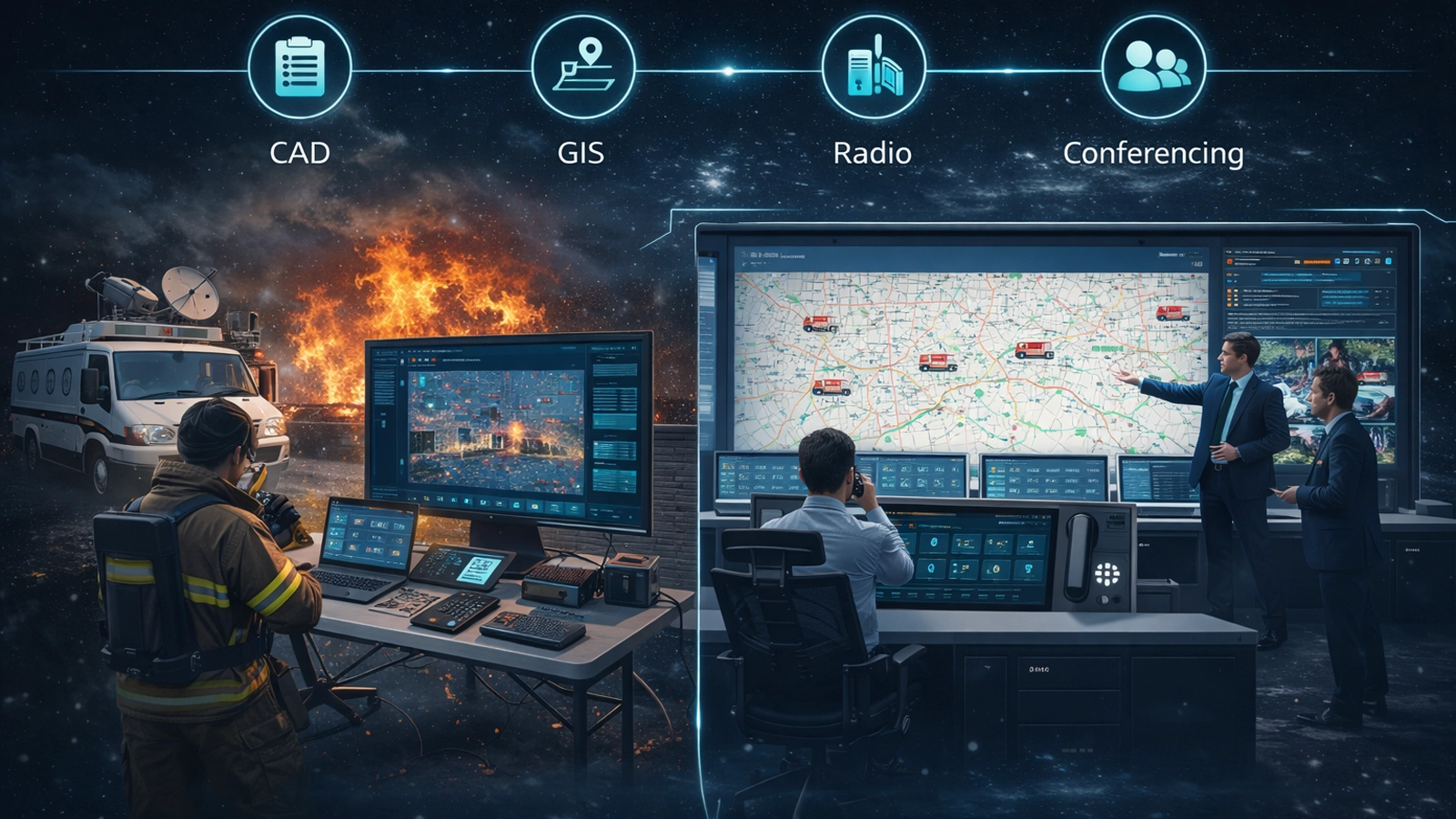 Coordinación del puesto de mando de incidentes de bomberos y rescate y centro de operaciones de emergencia con CAD, SIG, radio, conferencias y conciencia situacional compartida