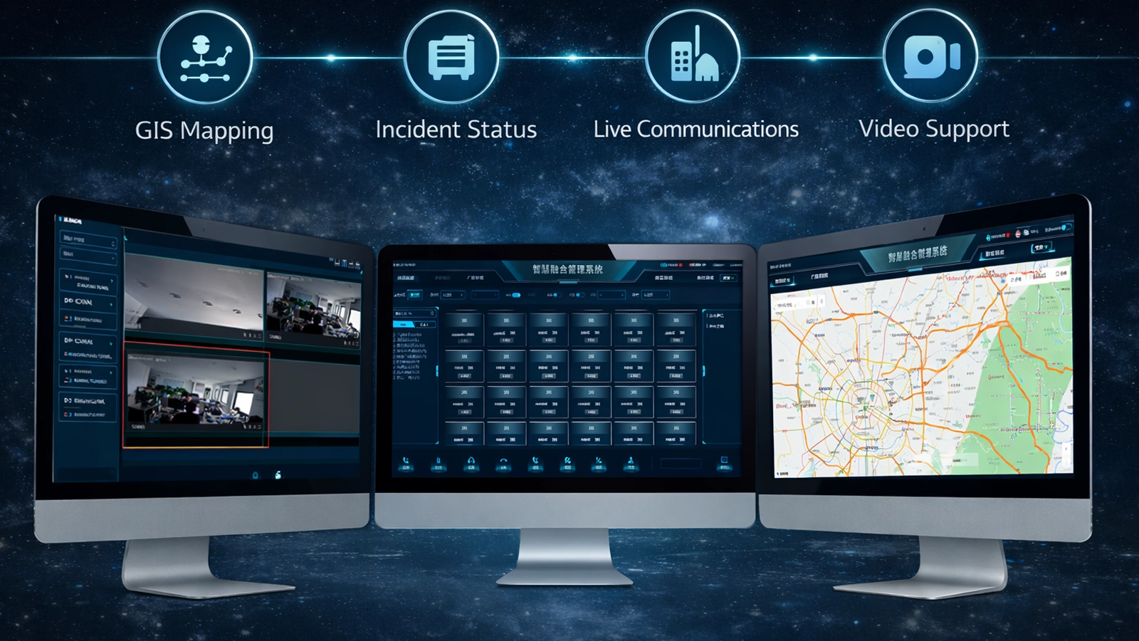 Sala de control de bomberos y rescate que utiliza software de Becke Telcom con cartografía SIG, estado de incidentes, comunicaciones en directo y apoyo de vídeo