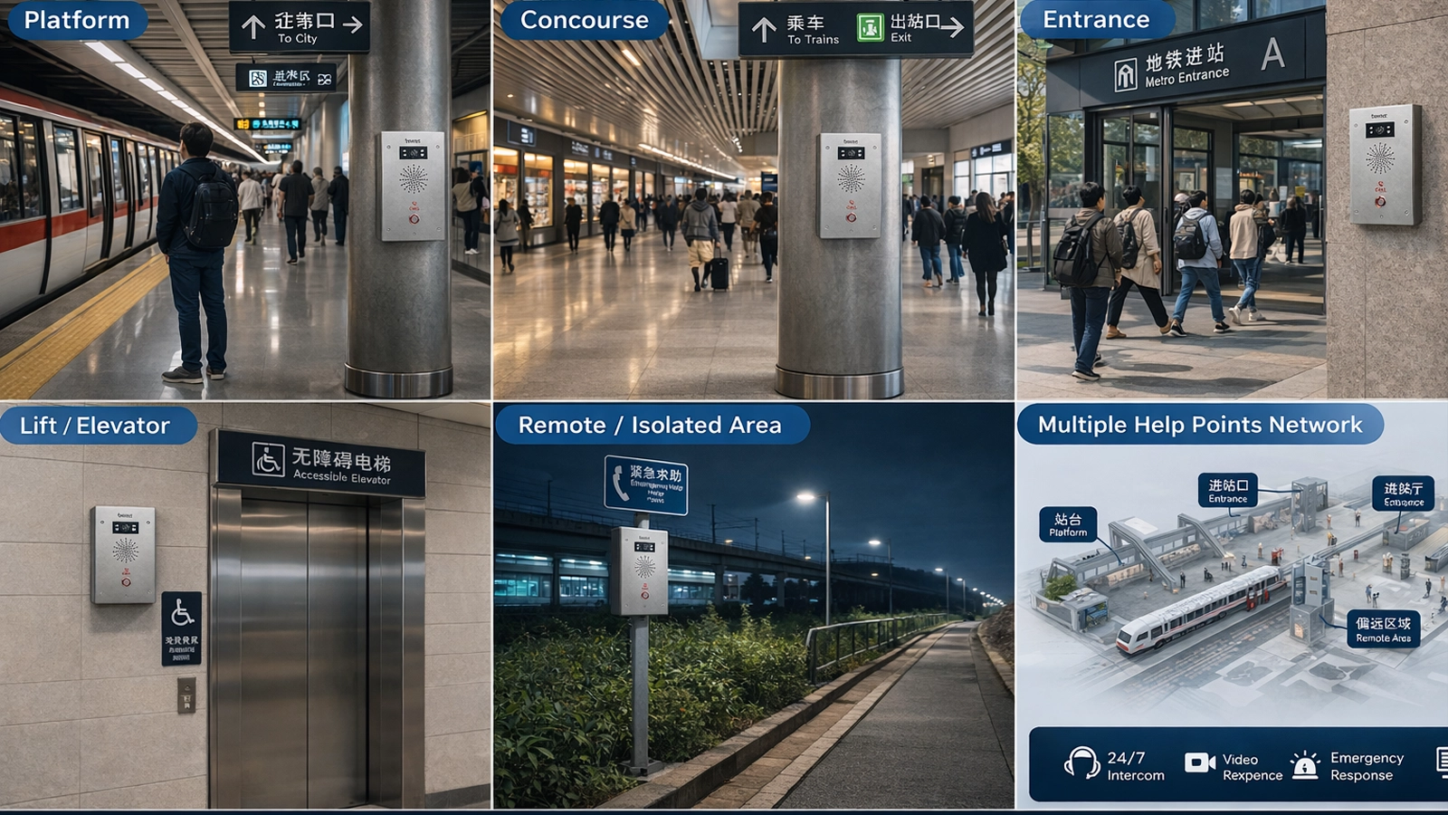 Despliegue de puntos de ayuda para pasajeros en andenes, vestíbulos, entradas, ascensores y áreas remotas de estaciones de ferrocarril y metro