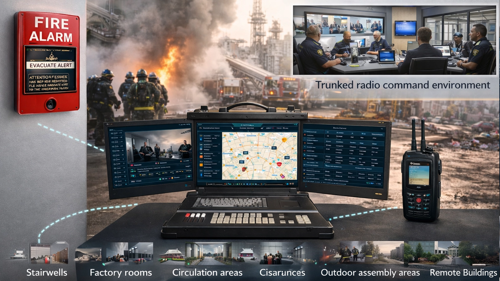 Entorno de comando integrado de alarma contra incendios, evacuación por voz, conferencias de emergencia y radio troncal para una respuesta de emergencia coordinada