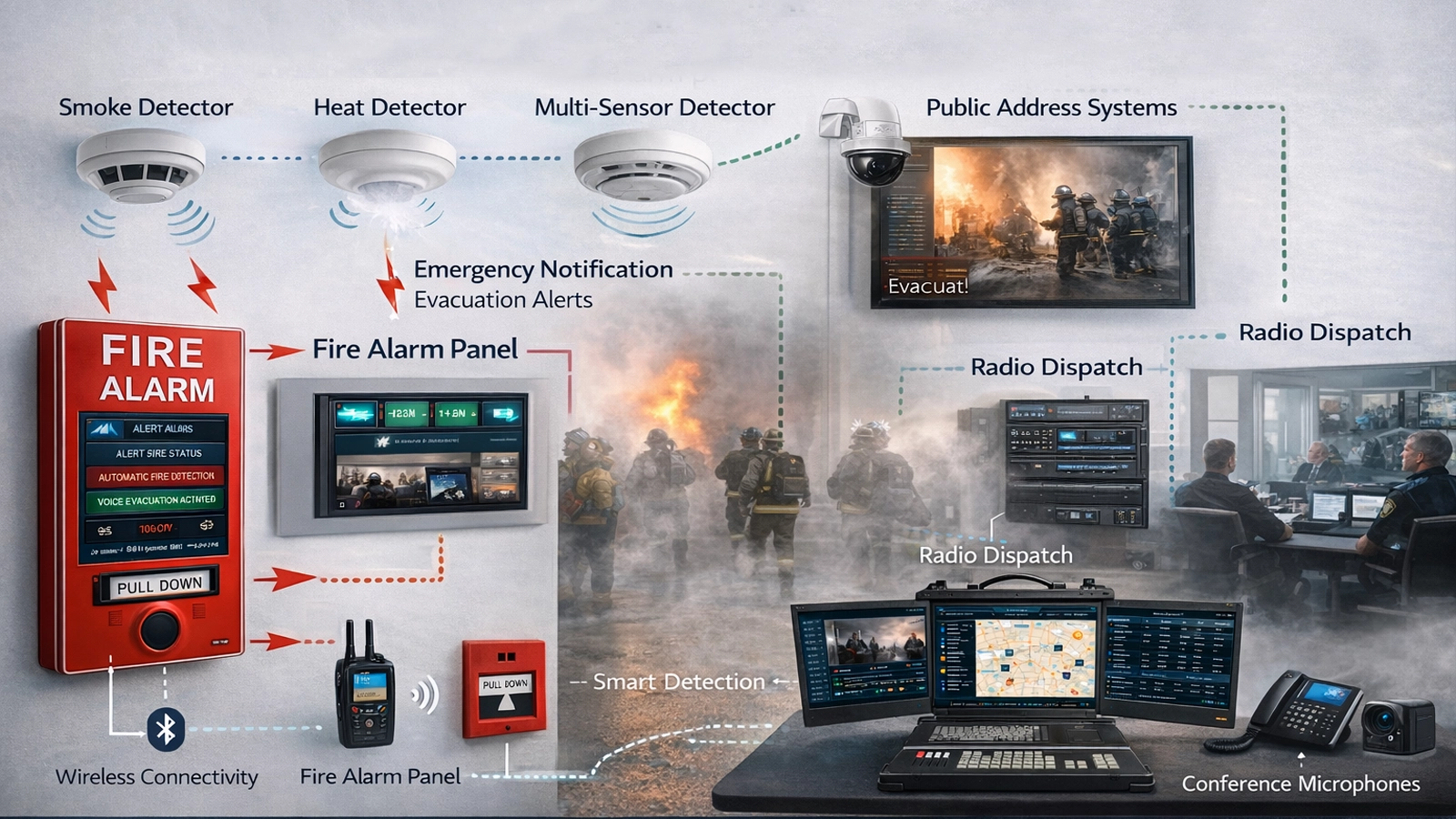 Arquitectura inteligente de alarma contra incendios y evacuación de emergencia con detectores, paneles de alarma contra incendios, alarma por voz, megafonía pública, conferencias de emergencia, despacho por radio y comando centralizado