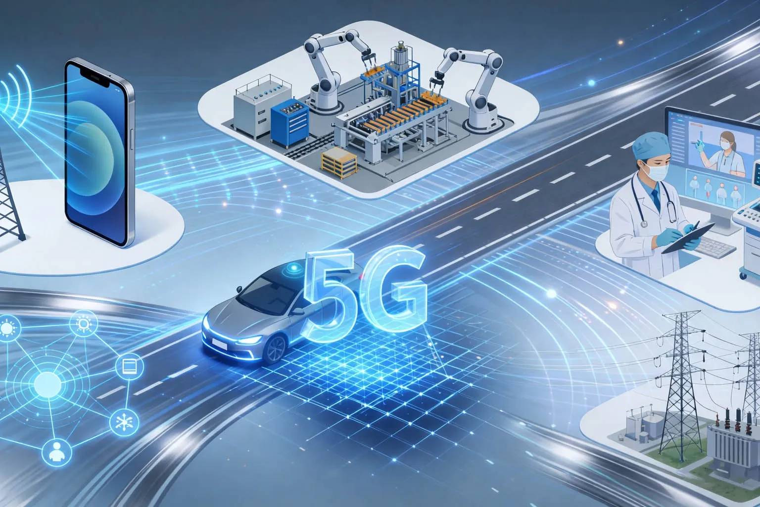 El 5G se aplica en banda ancha móvil, industria inteligente, transporte, salud, servicios públicos y entornos IoT a gran escala donde la cobertura, movilidad, capacidad y baja latencia deben trabajar juntas.