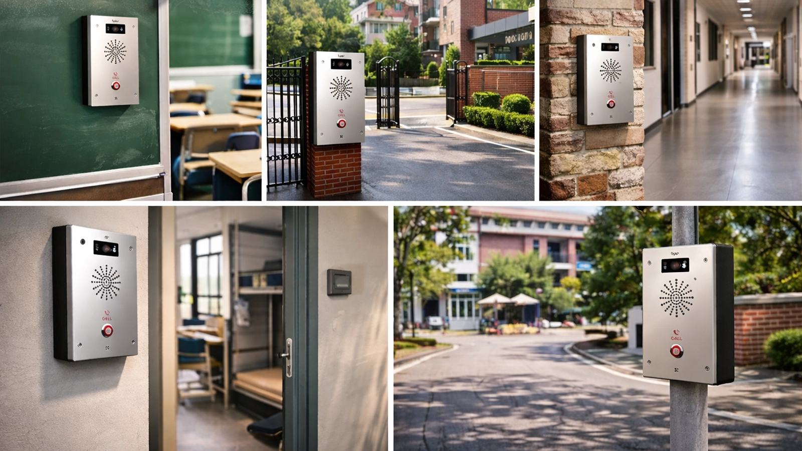 Implementación de comunicación de emergencia escolar en aulas, portones, pasillos, dormitorios y espacios públicos del campus con botones de pánico y soporte de intercomunicador