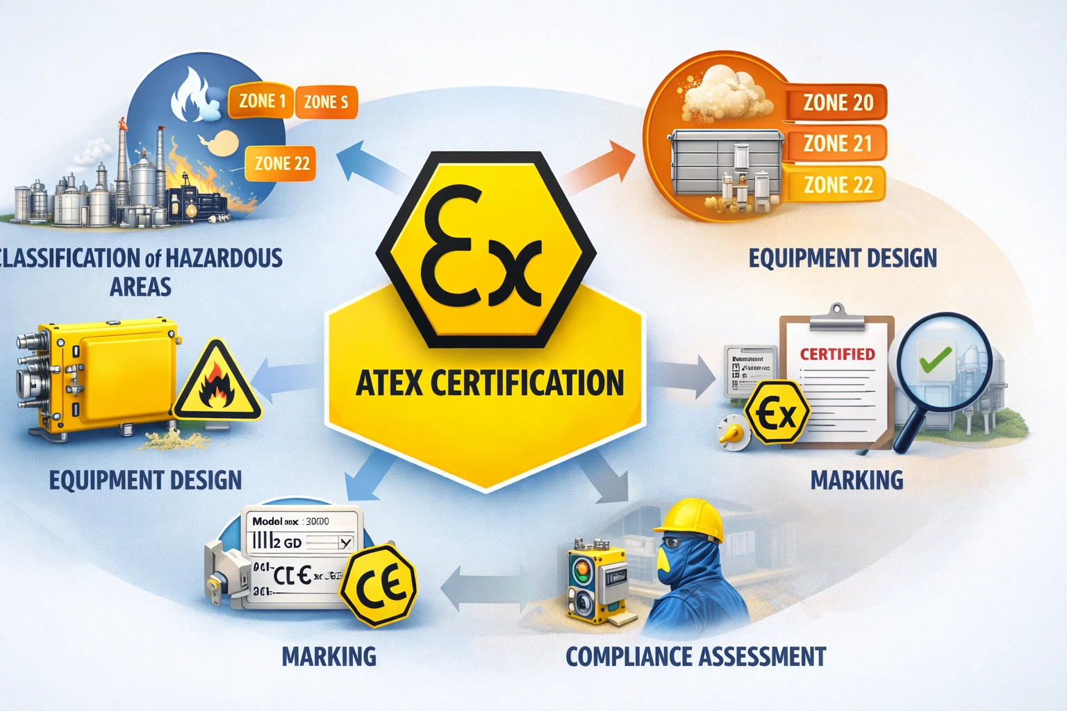 Escena compuesta que muestra equipos certificados ATEX utilizados en procesamiento petroquímico, manipulación de granos, producción de polvos farmacéuticos e instalaciones de hidrógeno o materiales de baterías.