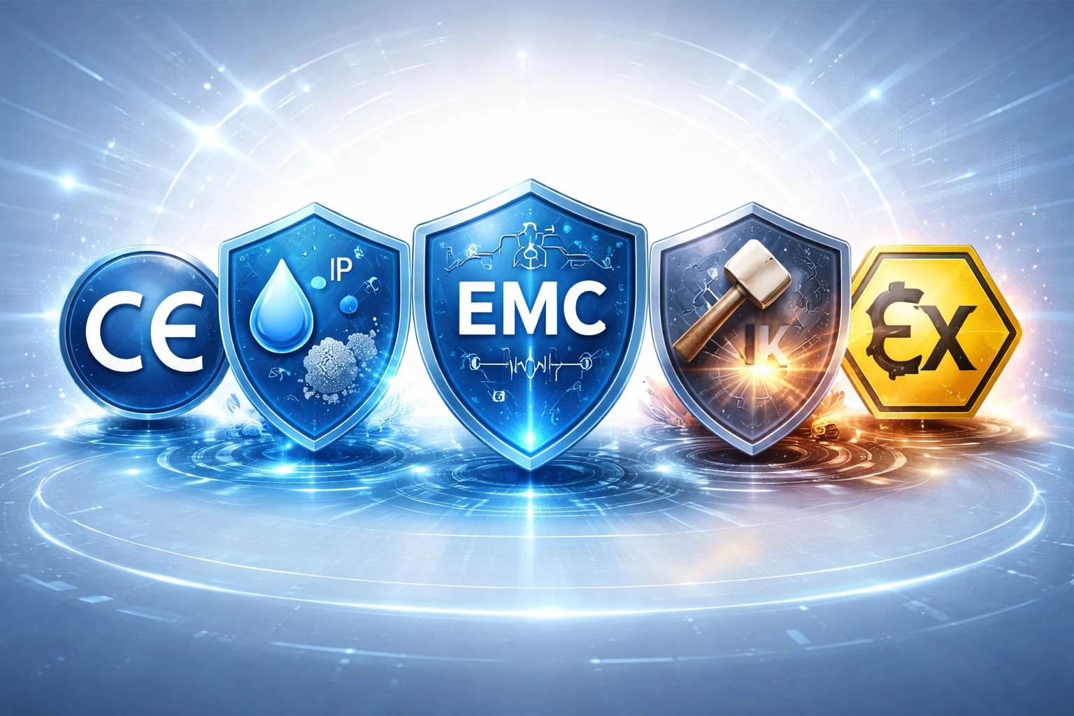 Ejemplo de etiqueta de dispositivo industrial que muestra el marcado CE junto con la clasificación IP, el cumplimiento de EMC y las clasificaciones ATEX o específicas de la aplicación