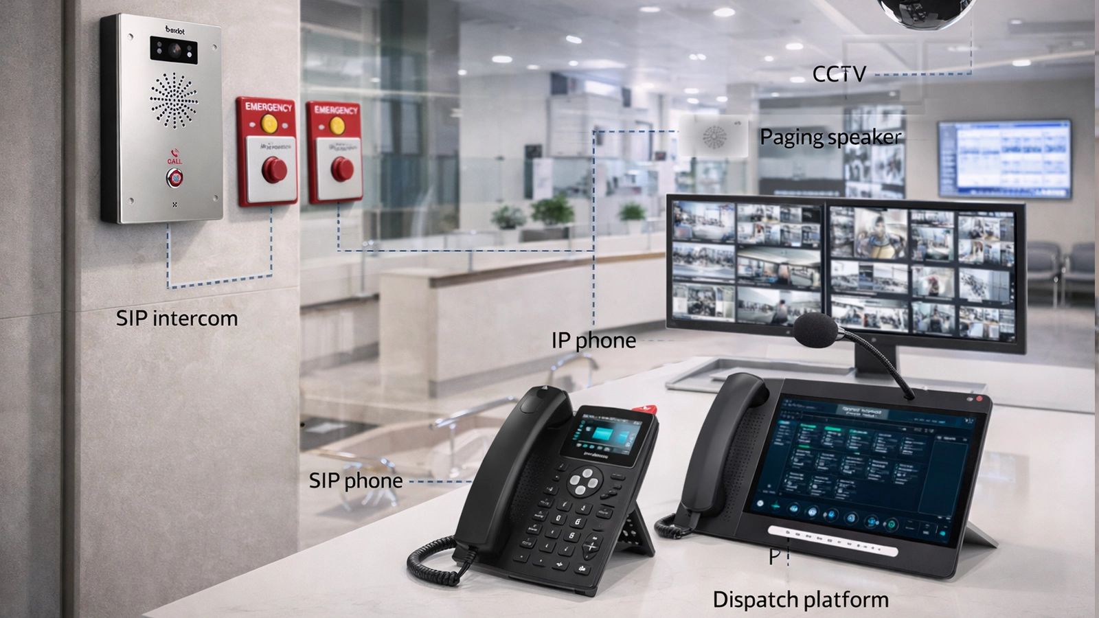 Arquitectura de sistema de botones de pánico y alarmas de coacción con integración de botones de emergencia, intercomunicador SIP, teléfonos IP, CCTV, megafonía y plataforma de despacho