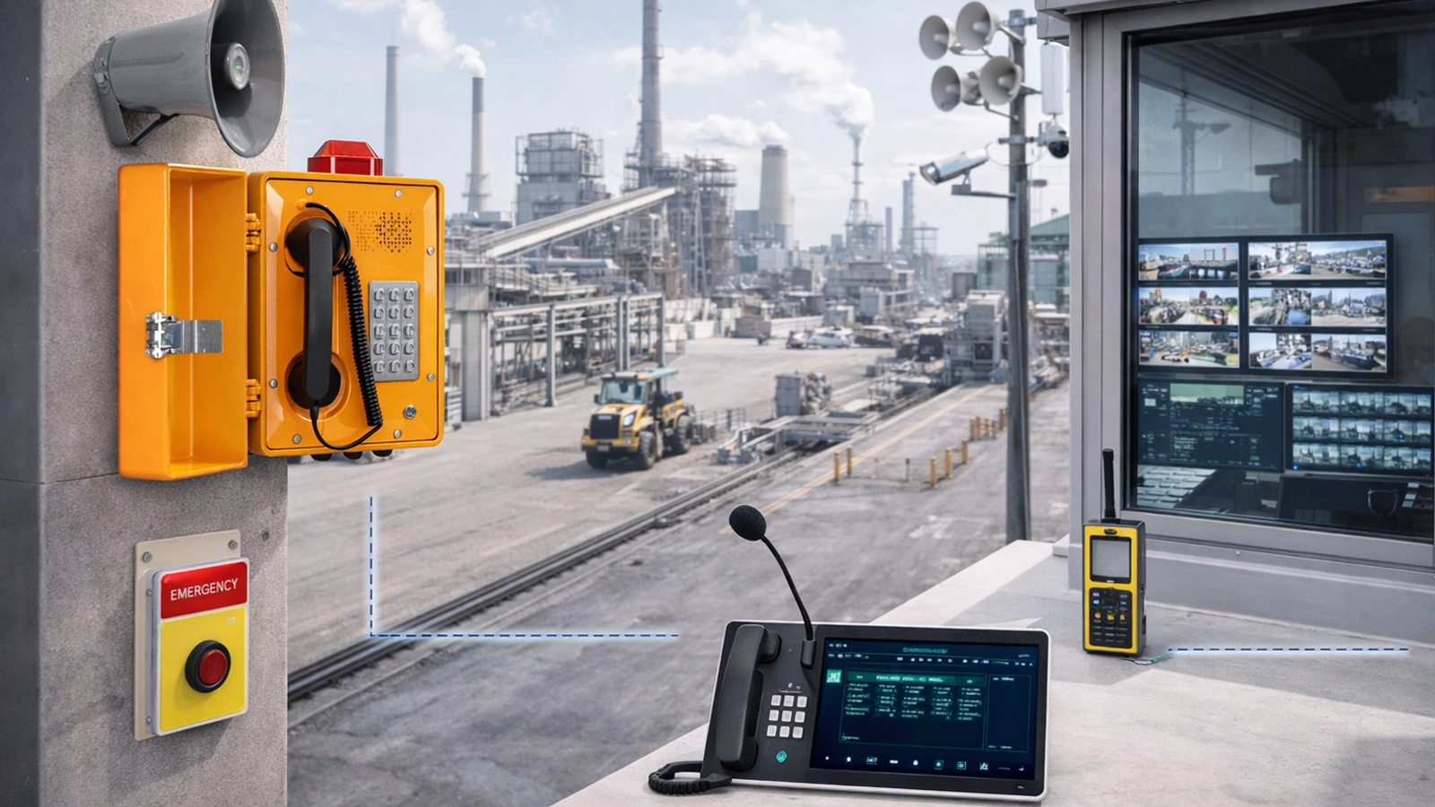 Solución industrial de botones de pánico y alarmas de coacción con integración de sala de control, dispositivos de comunicación de campo y despacho centralizado