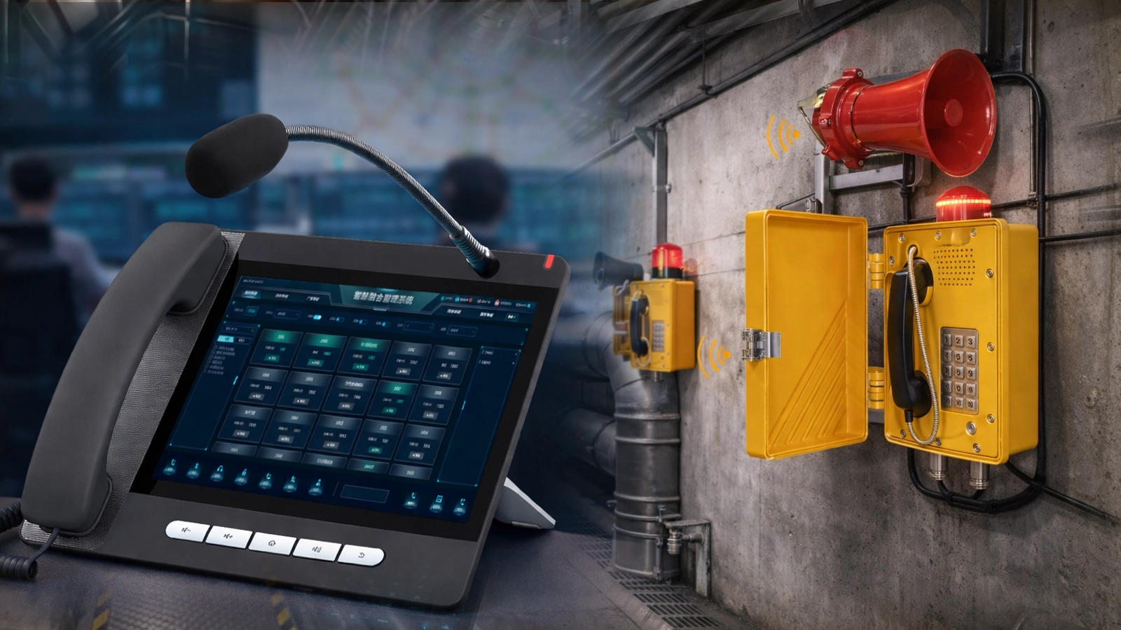 Visión general del PAGA en túnel de servicios subterráneo que muestra la megafonía del centro de control, altavoces de corredor, puntos de interfonía de emergencia y cobertura de alarma en cámaras de cables y tuberías