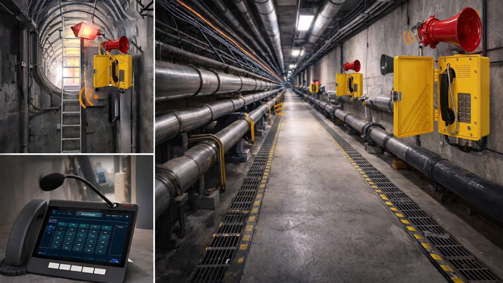 Interfonía de emergencia y transmisión por zonas en un túnel de servicios subterráneo con comunicación de pozo de acceso, altavoces de corredor y coordinación del centro de control