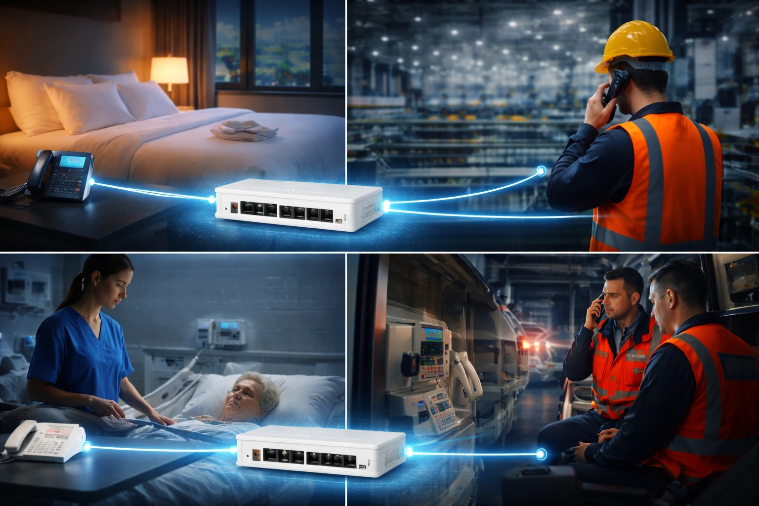 Teléfono de emergencia, fax, teléfono de hotel y auricular industrial conectados por FXS a una plataforma SIP
