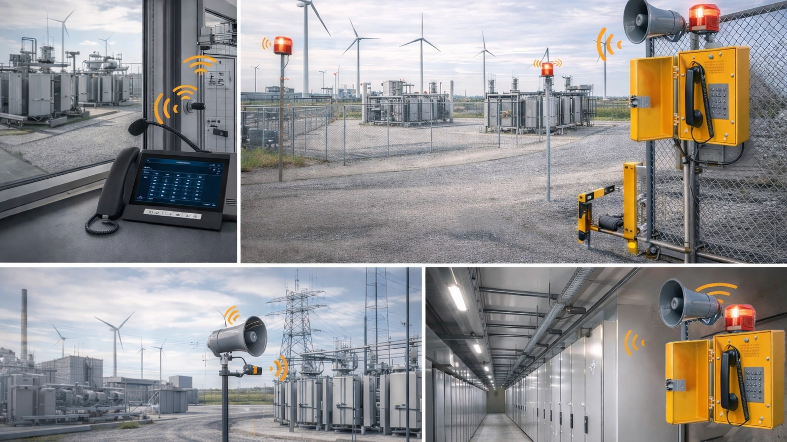 Visión general del PAGA en subestación de parque eólico que muestra la megafonía en el edificio de control, altavoces en el patio de transformadores, cobertura de transmisión en la sala GIS y comunicación de emergencia en áreas eléctricas clave