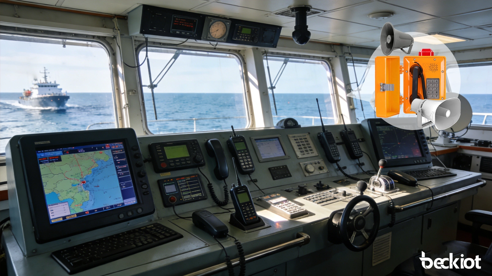 Vista general del sistema PAGA en plataforma marina que muestra la paginación desde sala de control, altavoces marinos, teléfonos industriales y cobertura de alarmas de emergencia en múltiples áreas operativas