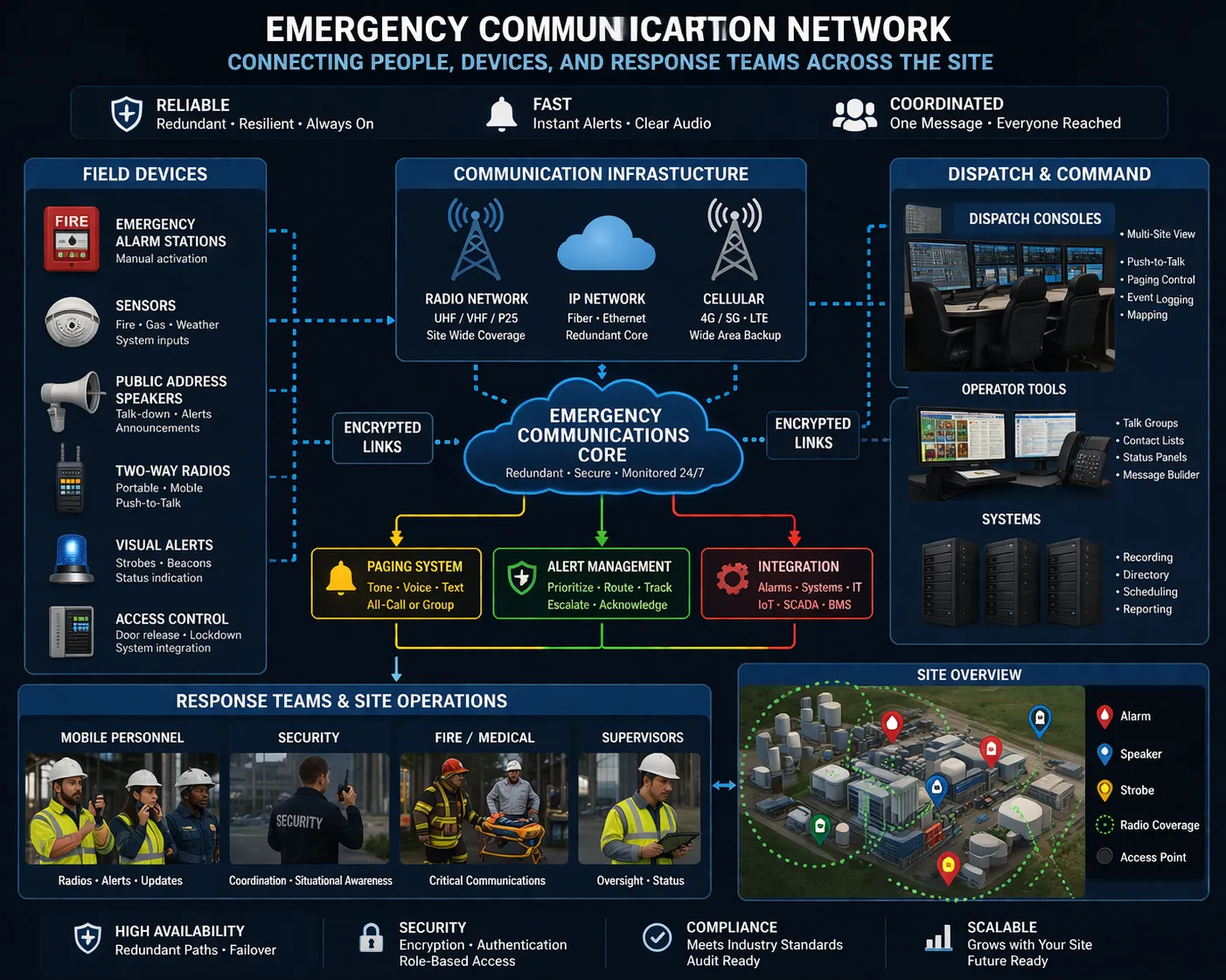 Red de comunicación de emergencia que conecta dispositivos de campo, megafonía, consolas de despacho y equipos de respuesta en un sitio grande