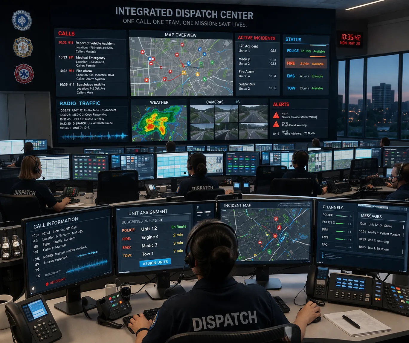 Red integrada de comunicación de emergencia que conecta puntos de auxilio, operadores de despacho, radios y equipos de respuesta en una instalación de gran tamaño