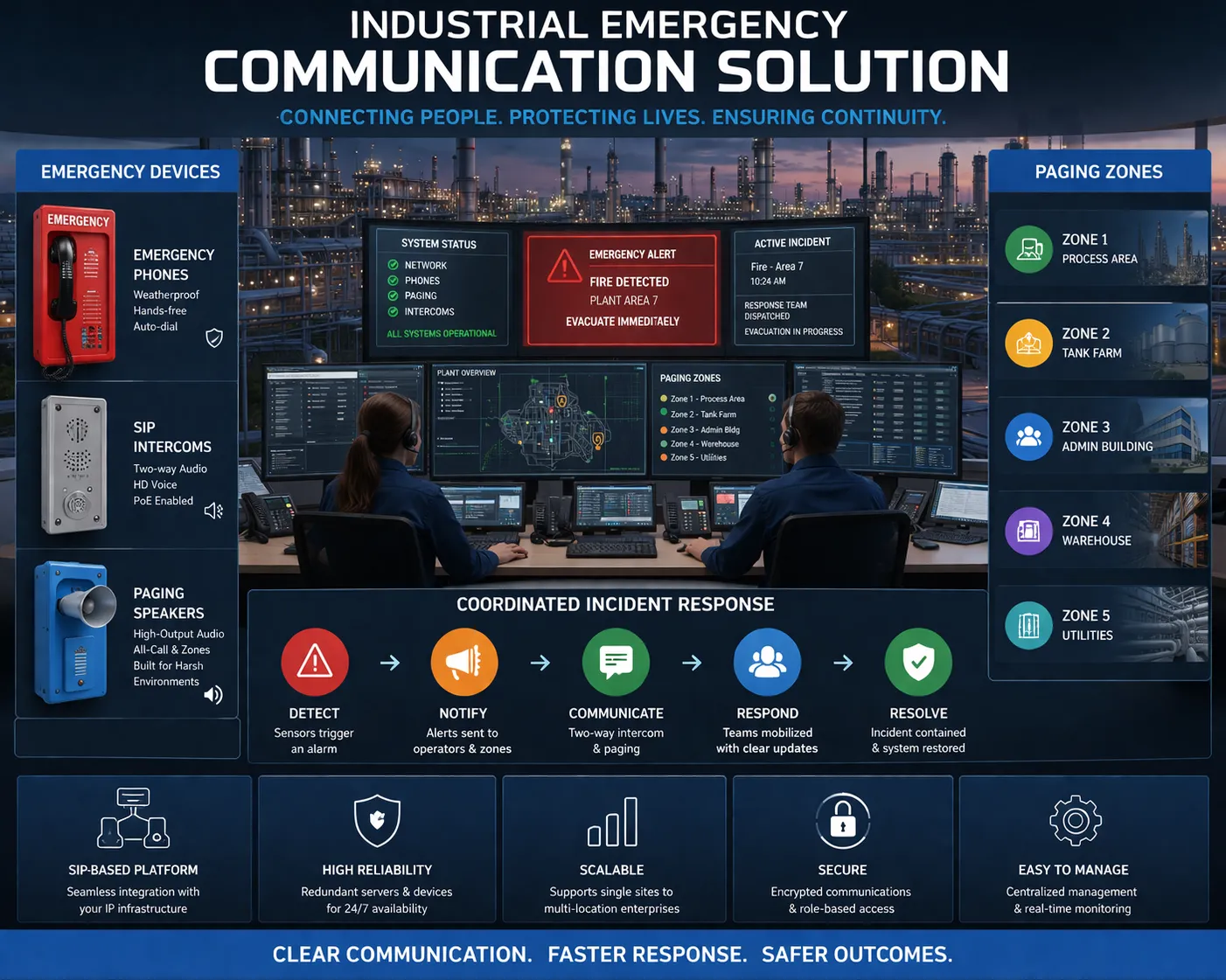 Red integrada de comunicación de emergencia que conecta consolas de despacho, teléfonos de emergencia, sistemas de radio, zonas de radiobúsqueda y equipos de respuesta de campo