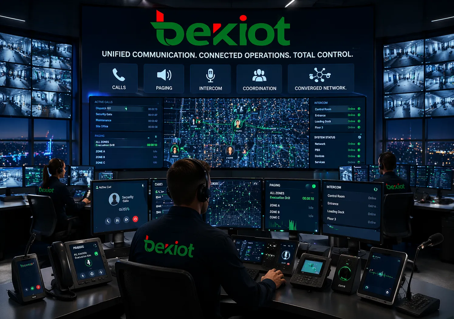Sala de control de comunicación unificada que utiliza una red convergente para llamadas, megafonía, intercomunicación y coordinación operativa