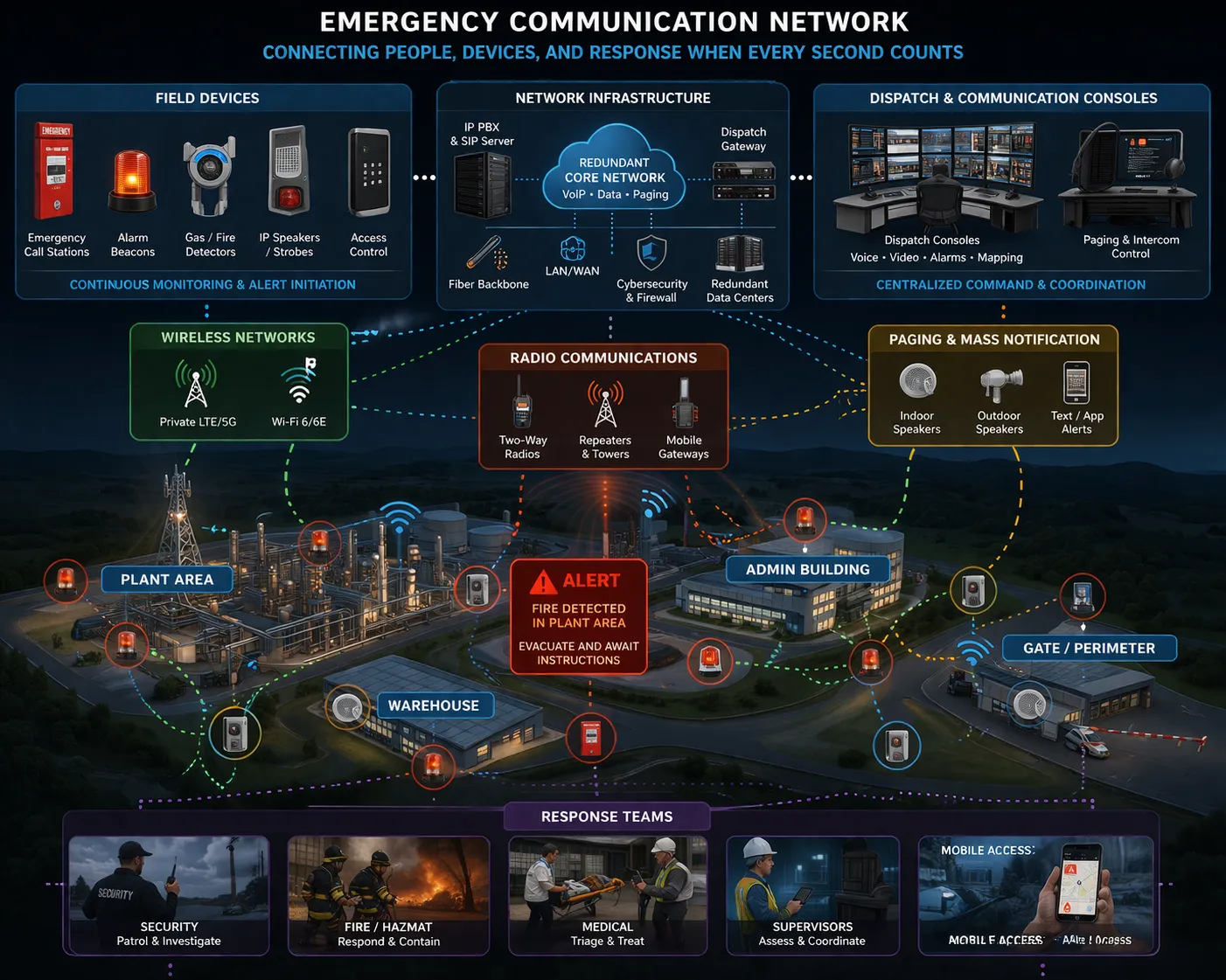 Centro de despacho de emergencias integrado que coordina llamadas, alarmas, tráfico de radio y equipos de respuesta a través de múltiples canales de comunicación