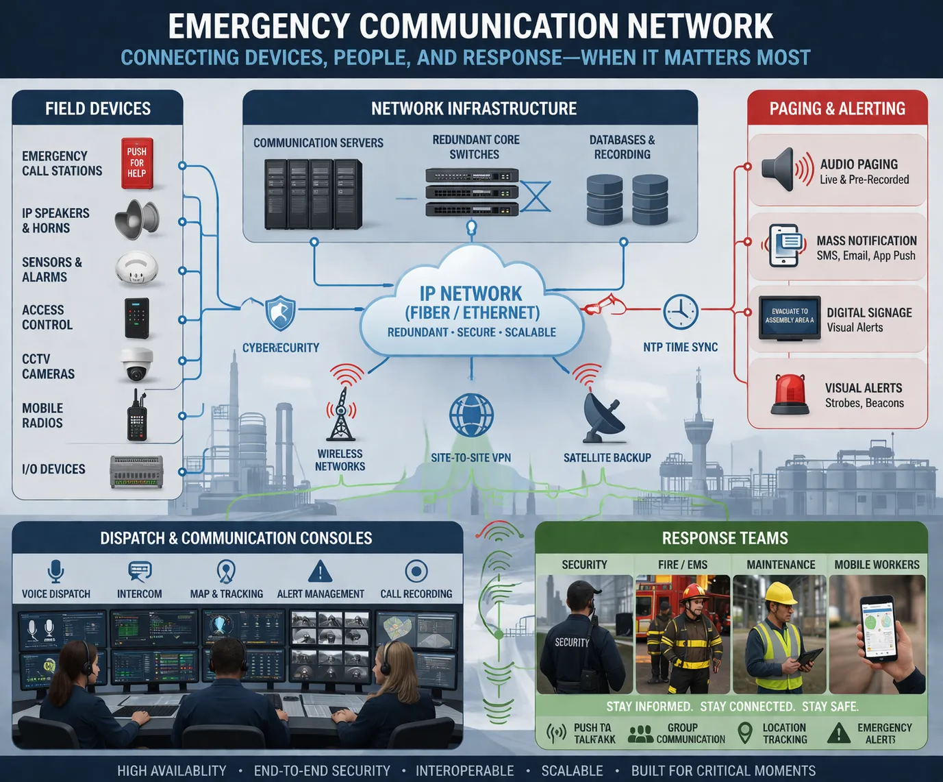 Red de comunicación de emergencia que vincula dispositivos de campo, megafonía, consolas de despacho y equipos de respuesta en un gran emplazamiento