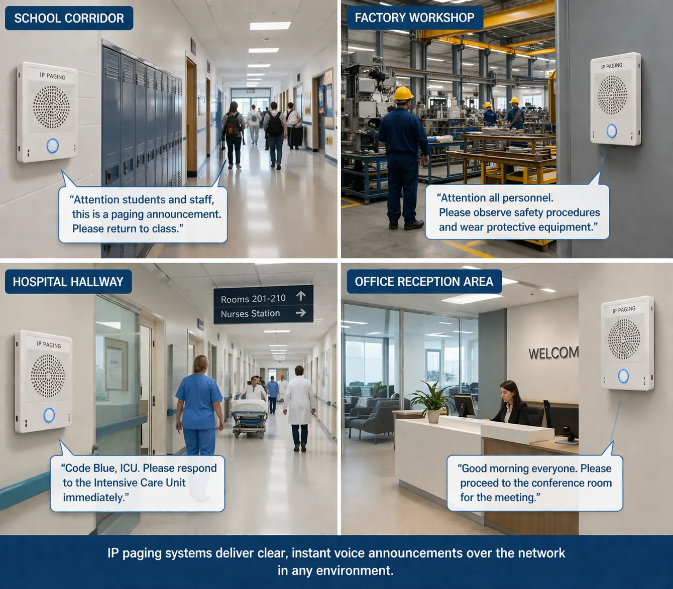 Ejemplos de megafonía IP utilizada en un pasillo escolar, taller de fábrica, pasillo de hospital y área de recepción de oficinas