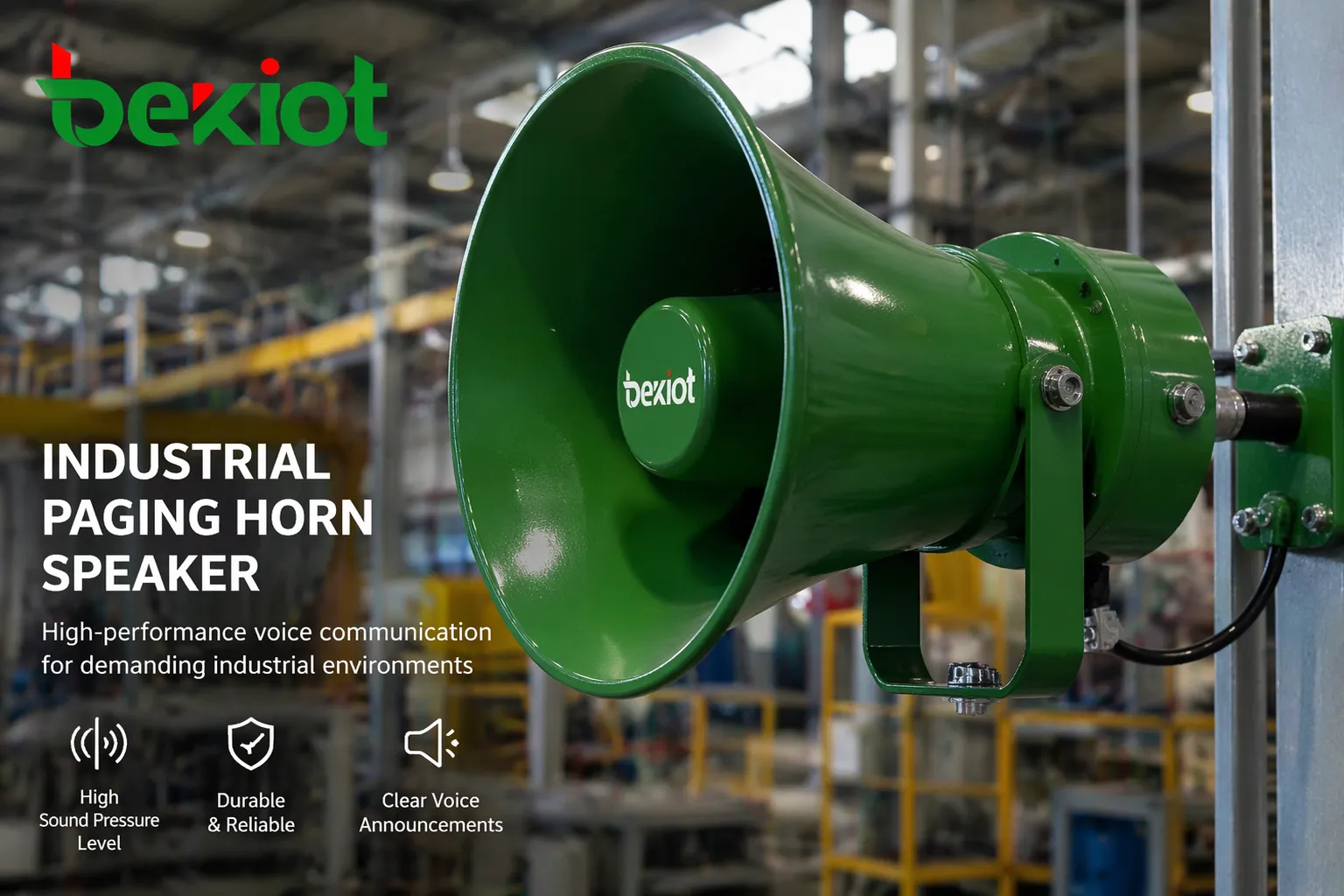 Altavoz de bocina industrial para entornos de alto ruido en fábricas o almacenes, destinado a anuncios de voz y alertas