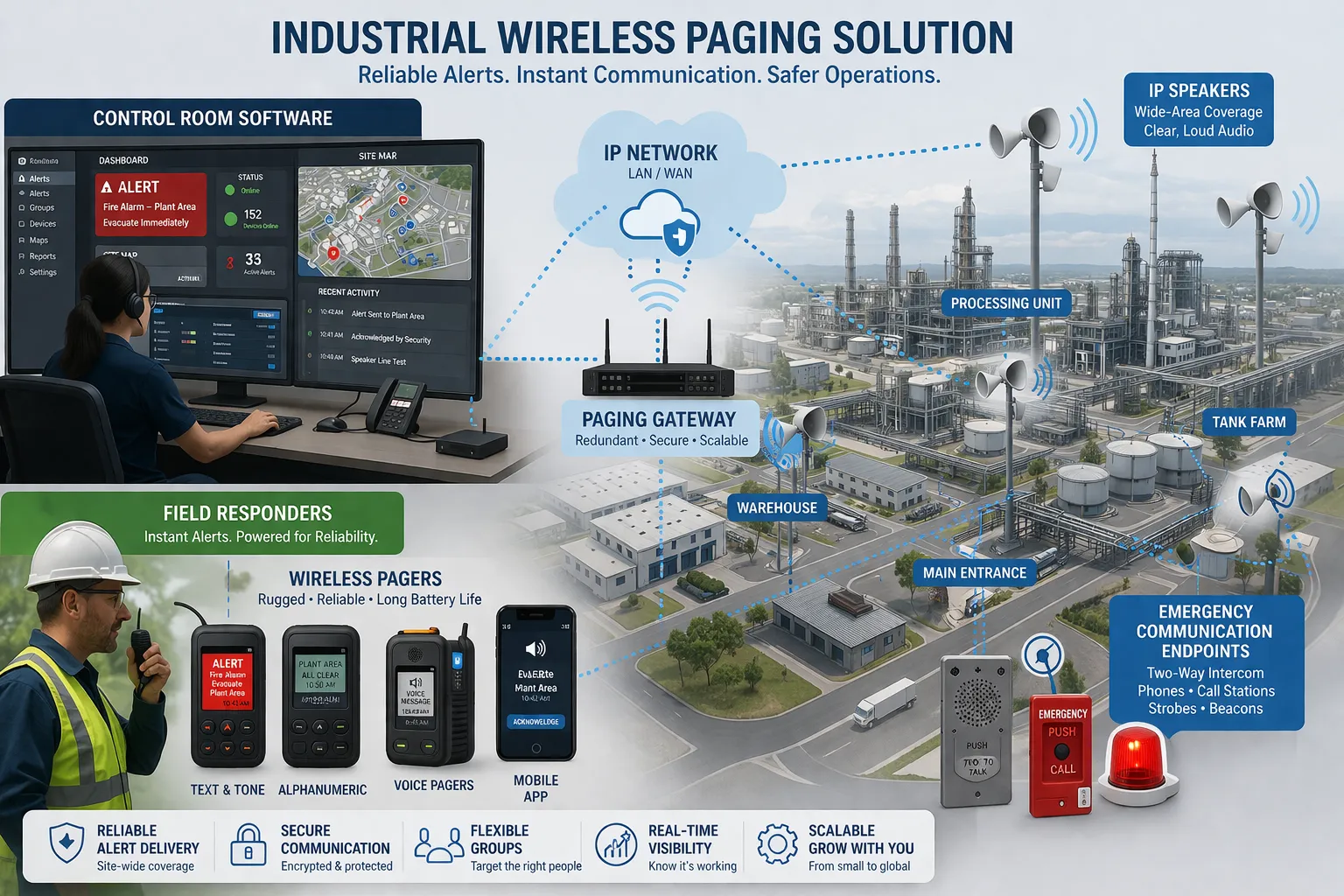 Solución de megafonía inalámbrica industrial con software de sala de control, personal de intervención de campo, buscapersonas inalámbricos, altavoces IP y terminales de comunicación de emergencia en instalaciones amplias