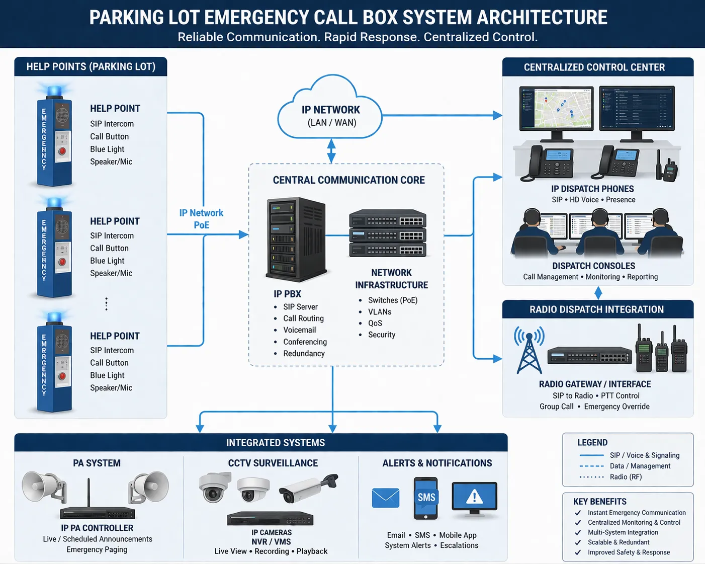 Arquitectura del sistema de postes de llamada de emergencia para aparcamientos con puntos de ayuda, intercomunicación SIP, teléfonos IP PBX, despacho por radio, sistema de megafonía, CCTV y control centralizado