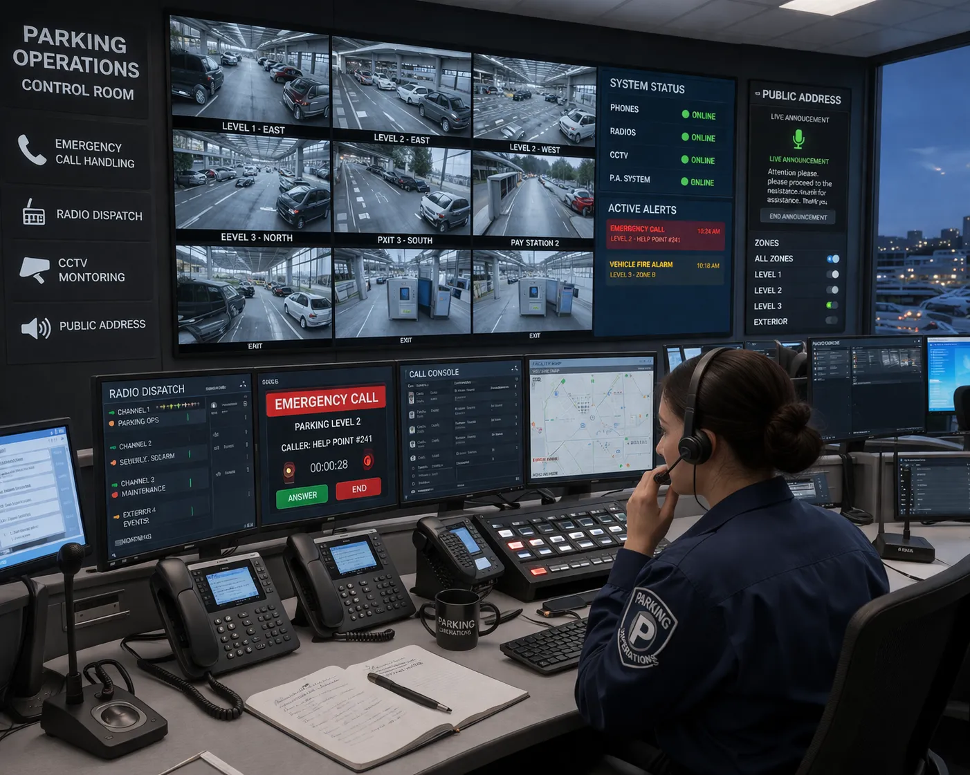 Sala de control de aparcamiento con gestión de llamadas de emergencia, teléfonos IP PBX, despacho por radio, CCTV e integración de megafonía