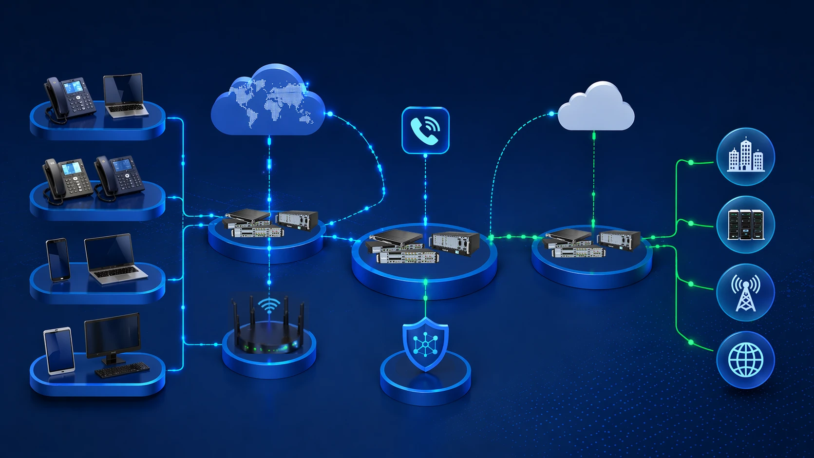 Arquitectura del sistema IP PBX empresarial que conecta teléfonos de escritorio, dispositivos móviles, portátiles, pasarelas de red, telefonía en la nube, seguridad y terminales de comunicación corporativa