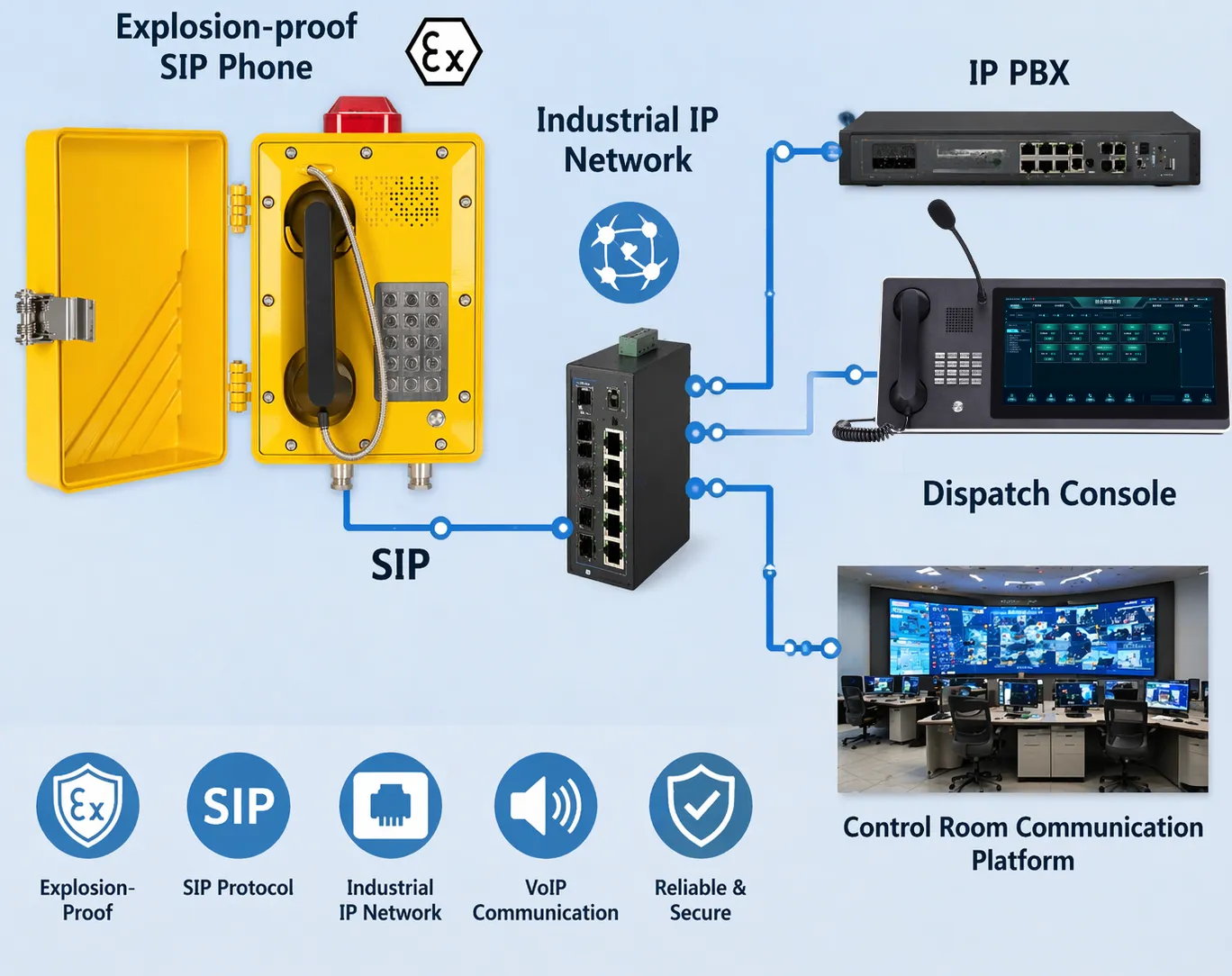 Teléfono SIP antideflagrante conectado a través de red IP industrial a una central IP PBX, consola de despacho y plataforma de comunicación de sala de control