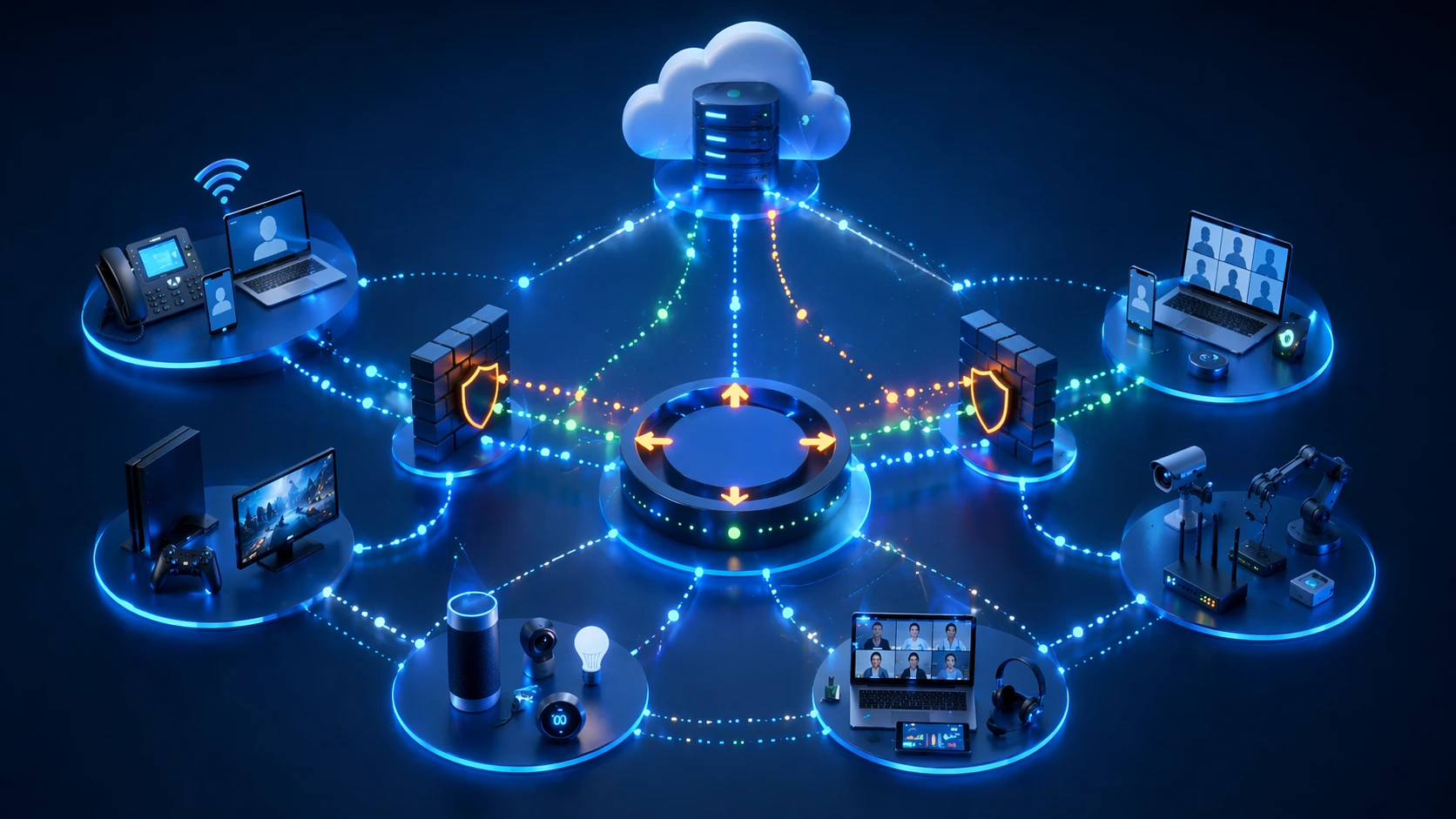 Ilustración que muestra el traversal de NAT utilizado en VoIP, reuniones WebRTC, juegos en línea y comunicación de dispositivos perimetrales remotos
