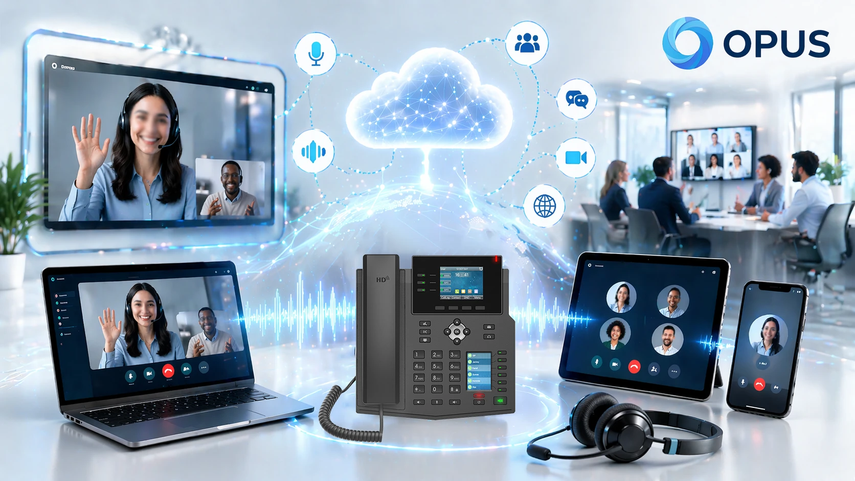Escena comparativa que muestra una comunicación de voz más clara y una calidad de audio de conferencia más rica cuando se utiliza Opus en un entorno de colaboración IP moderno