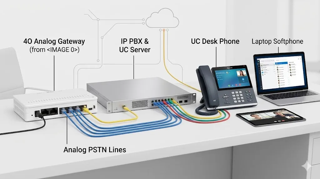 Pasarela analógica 4O conectada con IP PBX y plataforma de comunicaciones unificadas