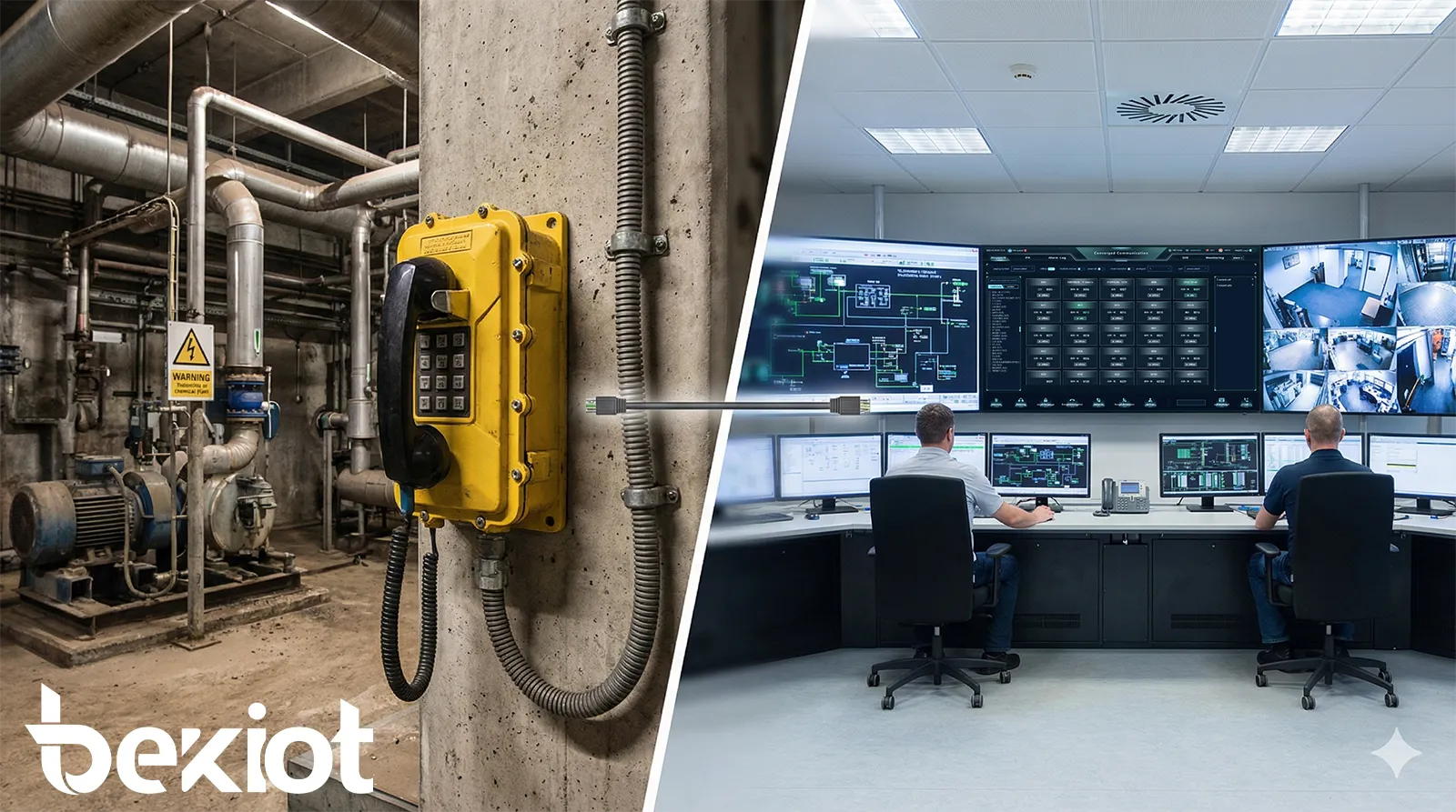 Teléfono a prueba de explosiones vinculado a una sala de control central en una planta industrial